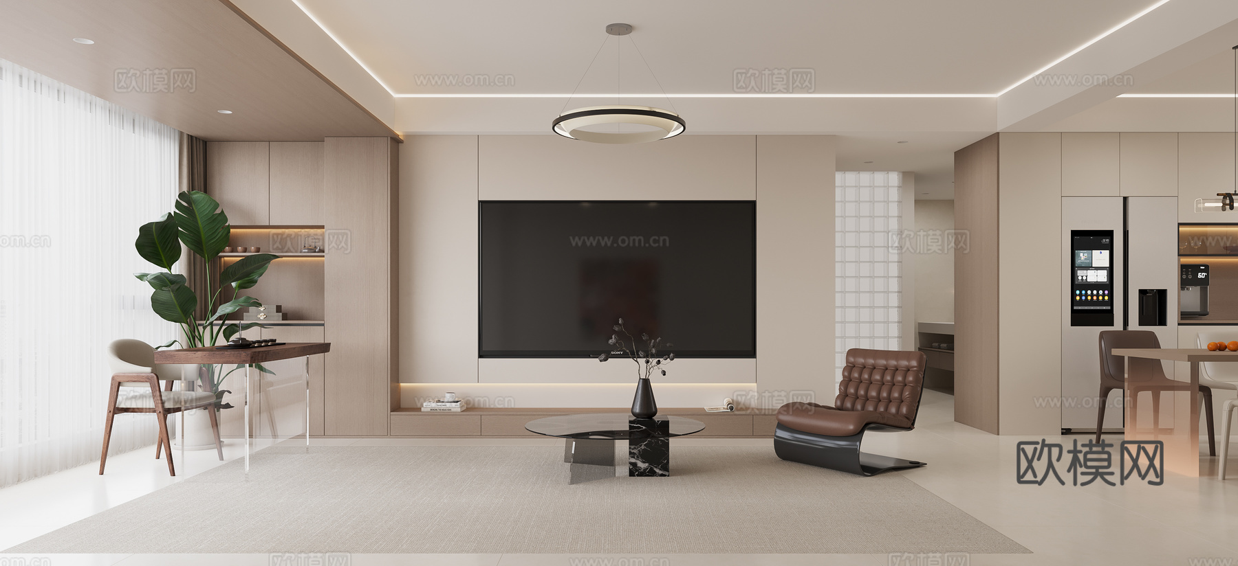 奶油风简约客餐厅3d模型下载