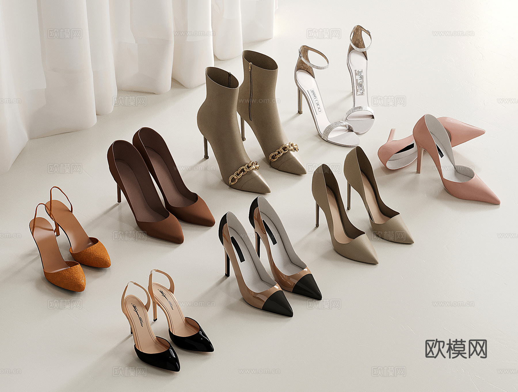 现代鞋子组合 女士高跟鞋 靴子 高跟凉鞋su模型下载（渲染图1）