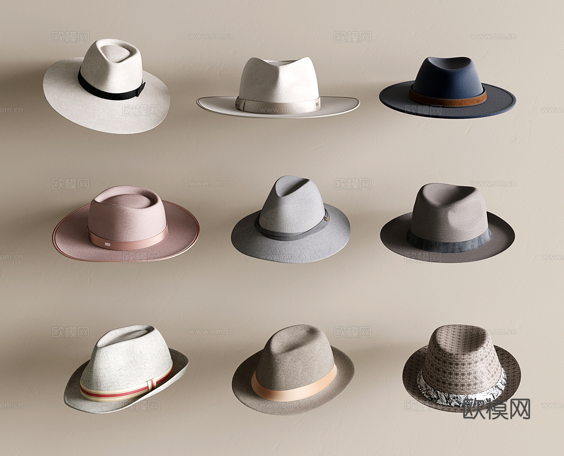 现代帽子组合 大檐帽 遮阳帽 爵士帽 男士礼帽su模型下载（渲染图1）