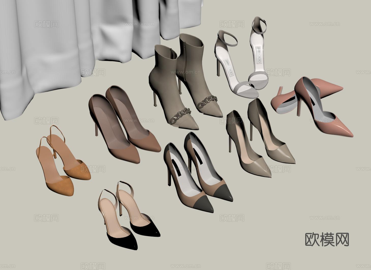 现代鞋子组合 女士高跟鞋 靴子 高跟凉鞋su模型下载（渲染图2）