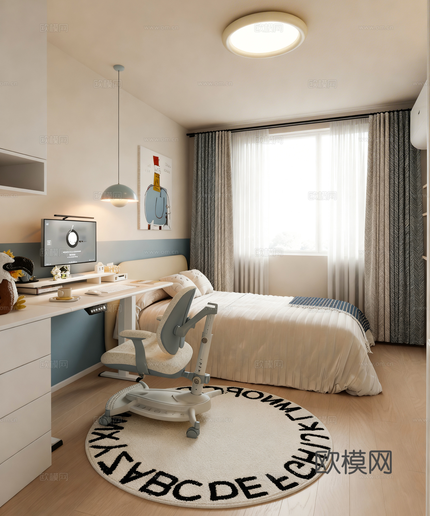 奶油风通用儿童房 儿童房 男孩房 次卧 儿童床3d模型下载