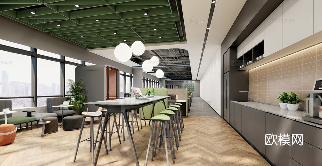 现代简约茶水间 茶水间 现代茶水间 员工休息区 办公休息区su模型下载（渲染图1）