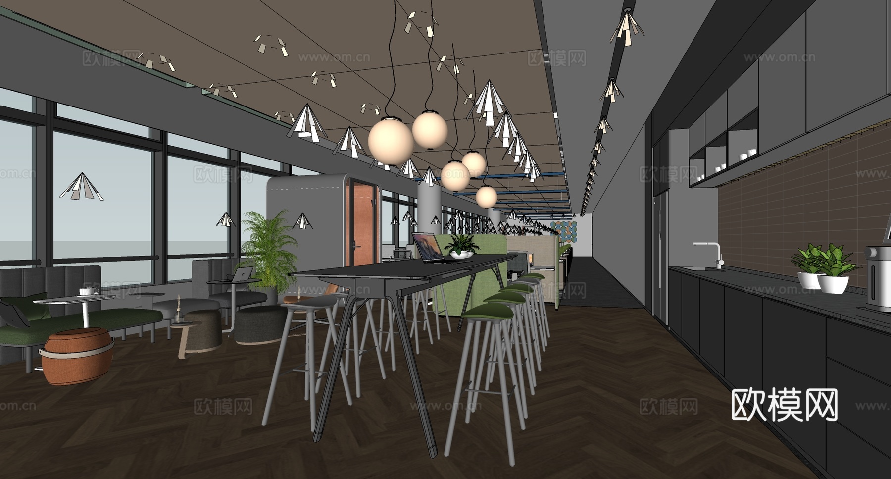 现代简约茶水间 茶水间 现代茶水间 员工休息区 办公休息区su模型下载（渲染图2）