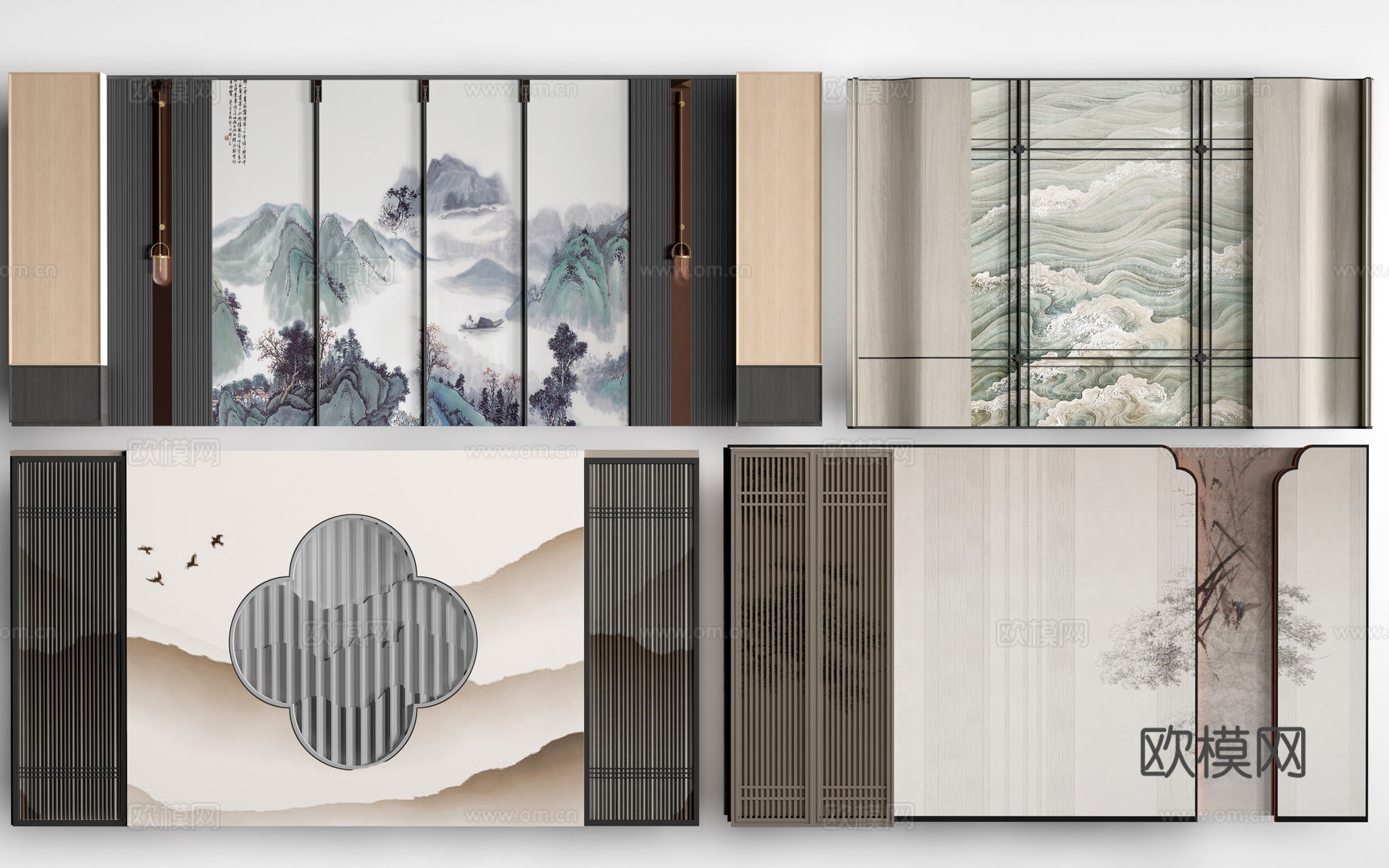 新中式餐厅背景墙 包厢背景墙 客厅背景墙su模型