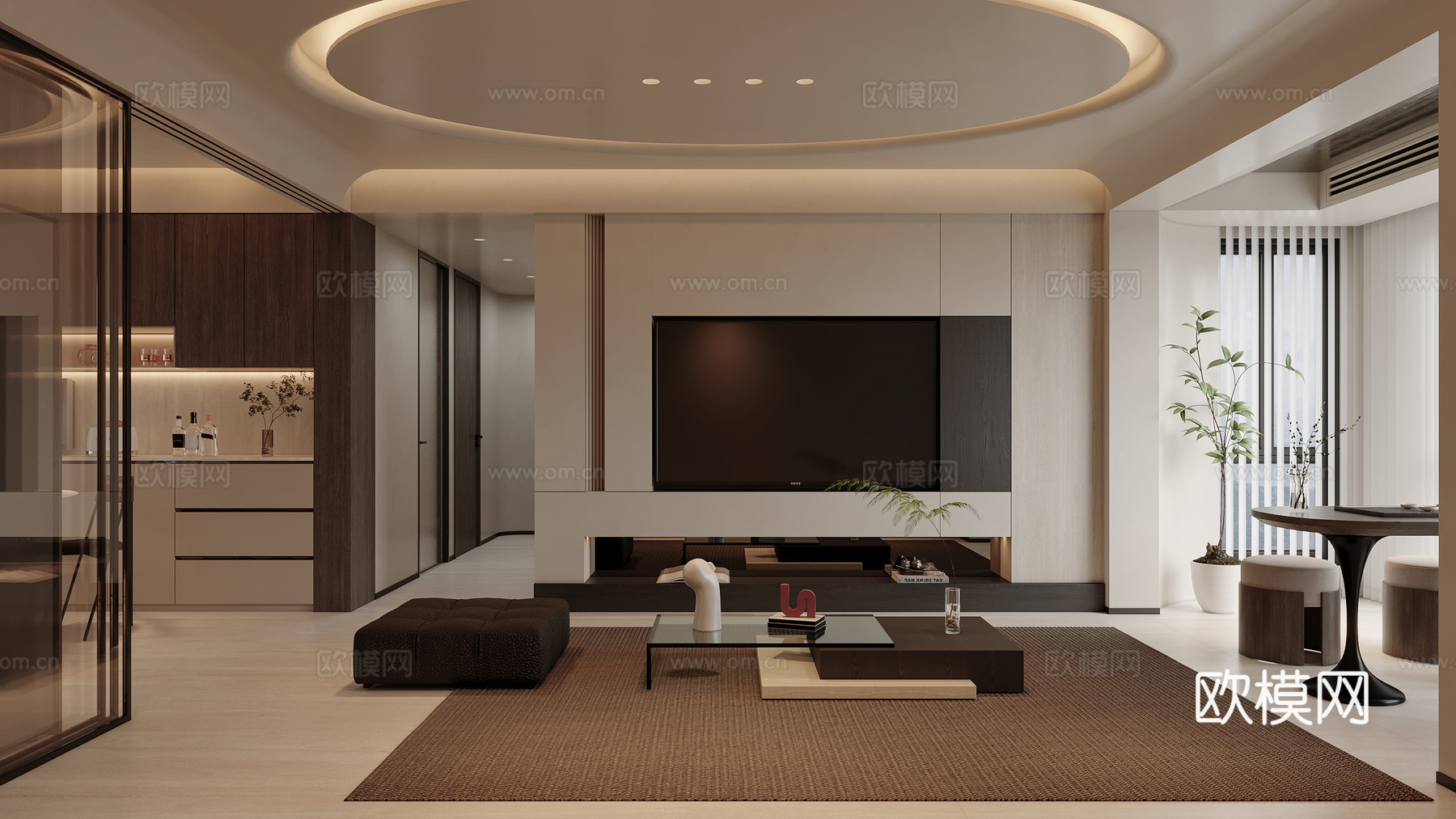 意式侘寂风奶油风客餐厅3d模型下载