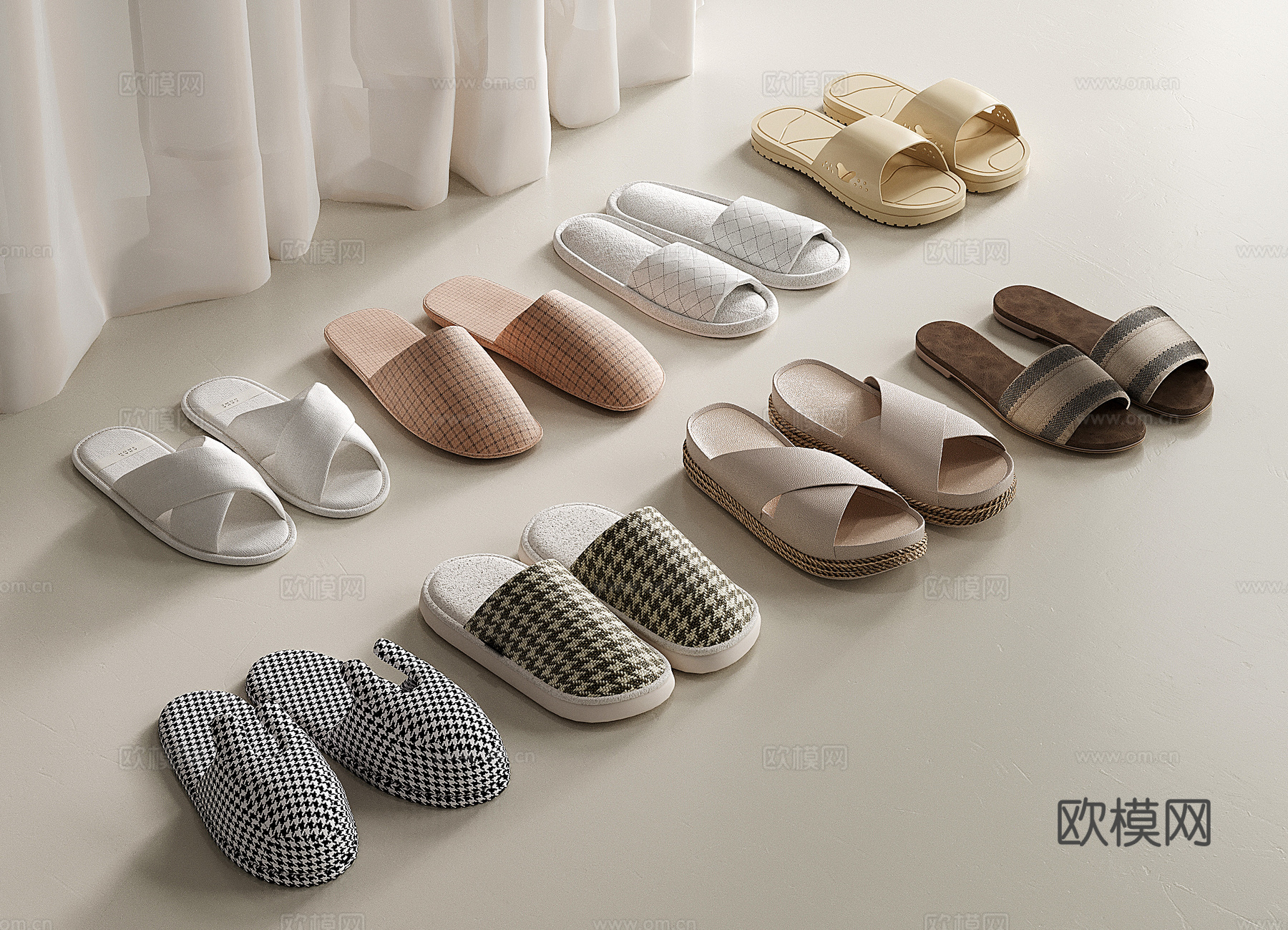 现代鞋子组合 拖鞋 棉麻拖鞋 布艺拖鞋su模型下载（渲染图1）