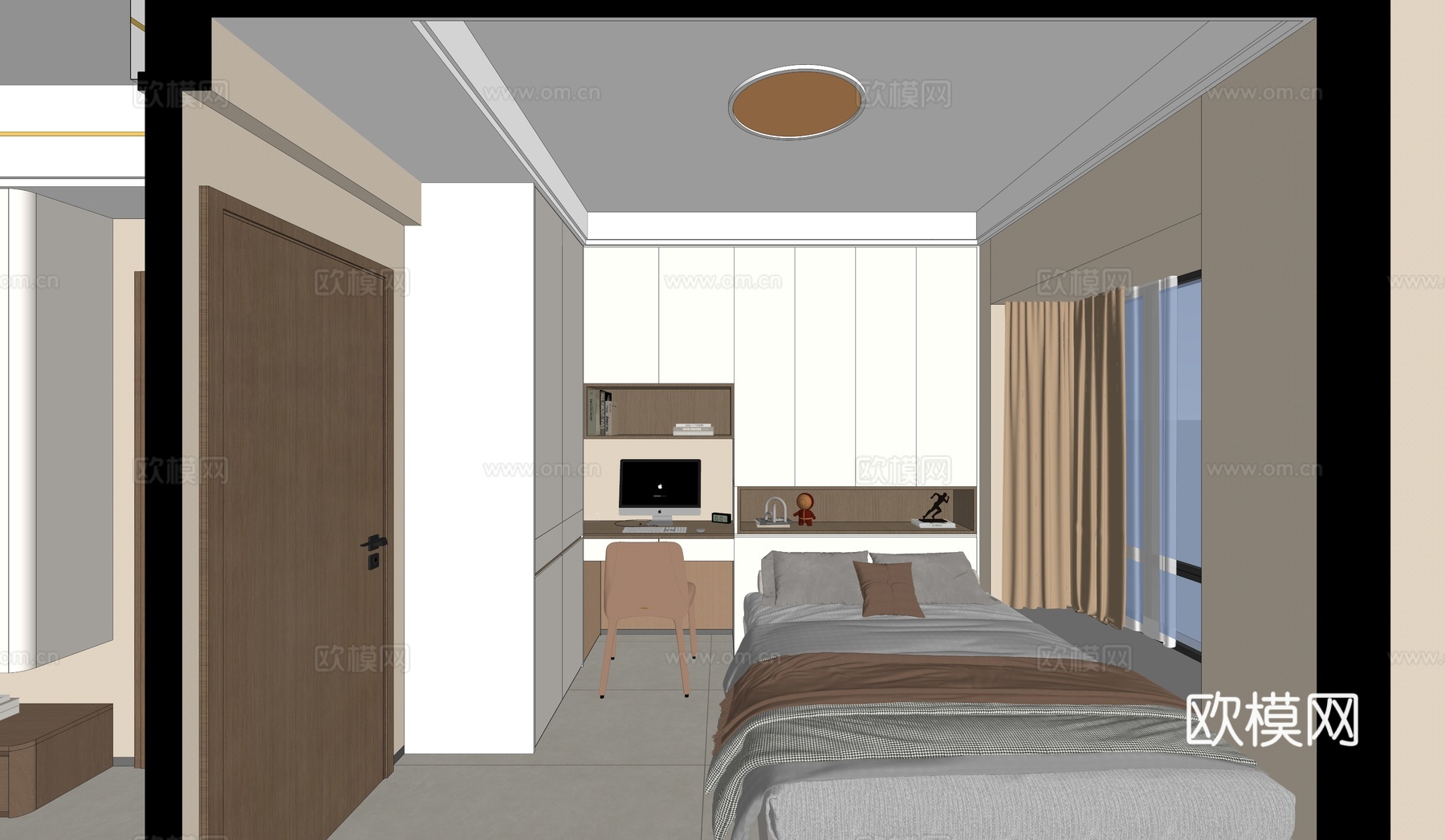 现代卧室  中古复古风卧室   美式卧室 榻榻米su模型