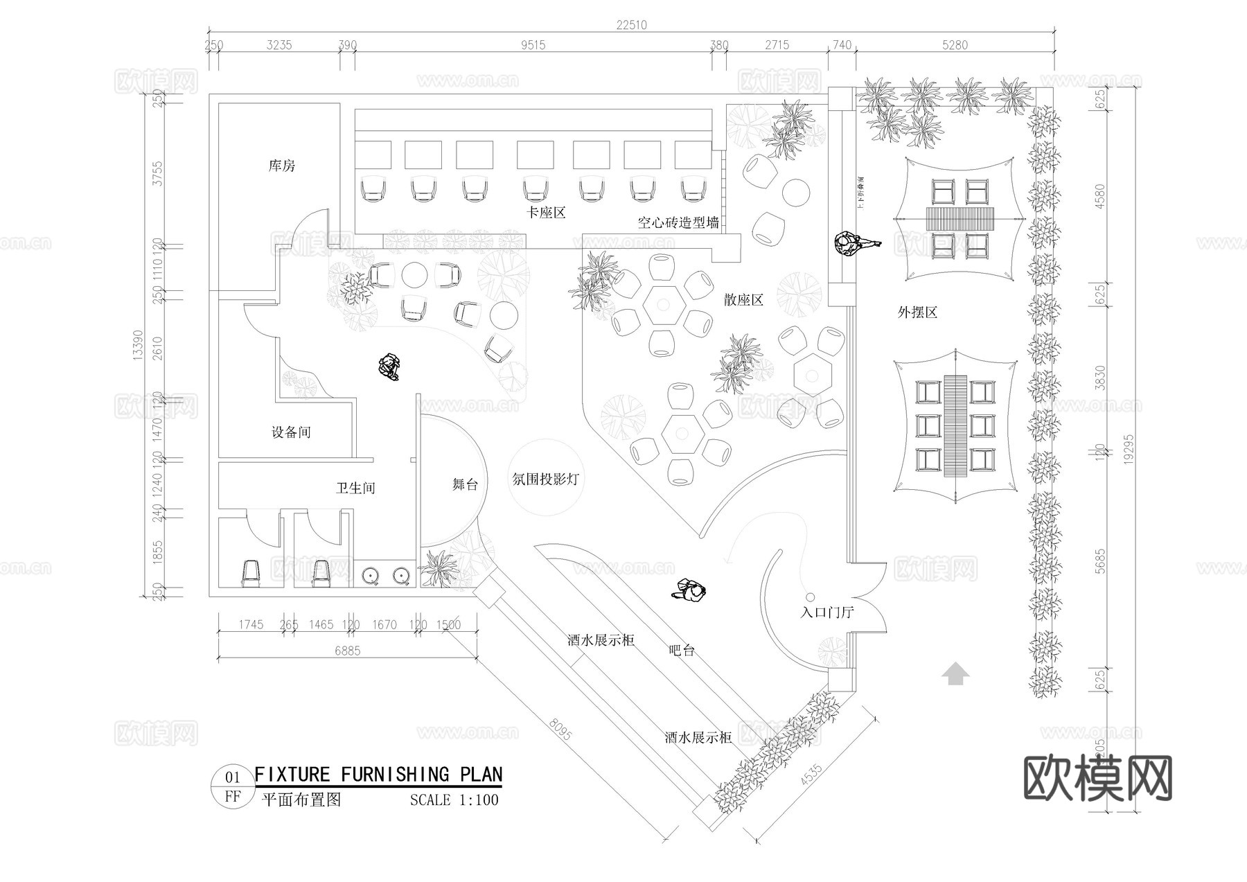 清吧酒馆CAD平面布置图  音乐餐厅 小酒吧cad施工图下载（渲染图2）
