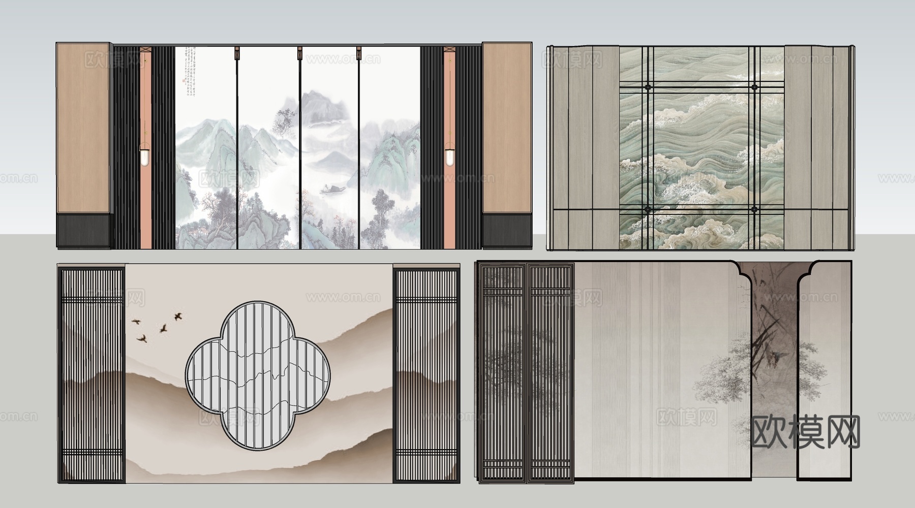 新中式餐厅背景墙 包厢背景墙 客厅背景墙su模型