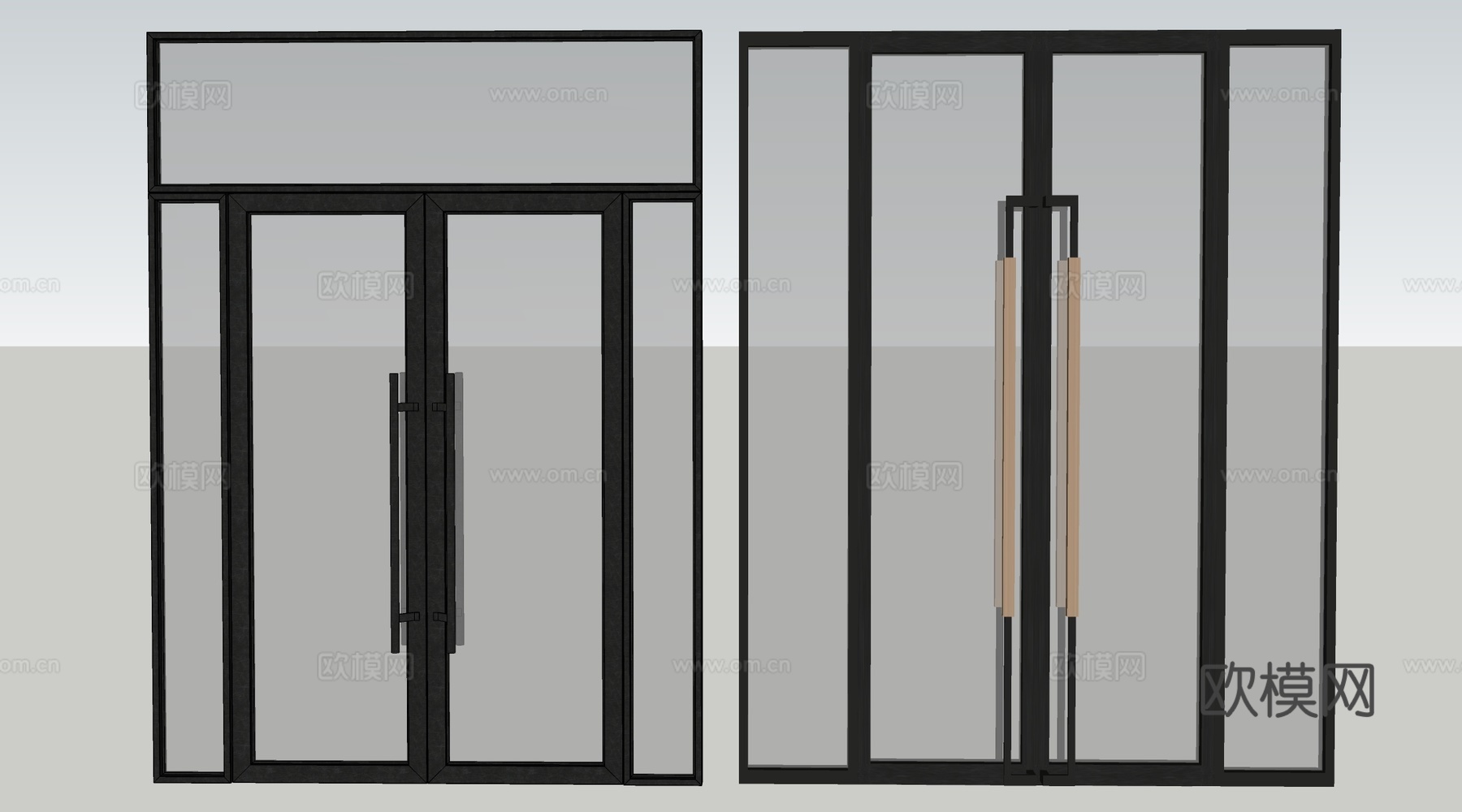 现代玻璃门 玻璃双开门 店铺玻璃门su模型下载（渲染图2）