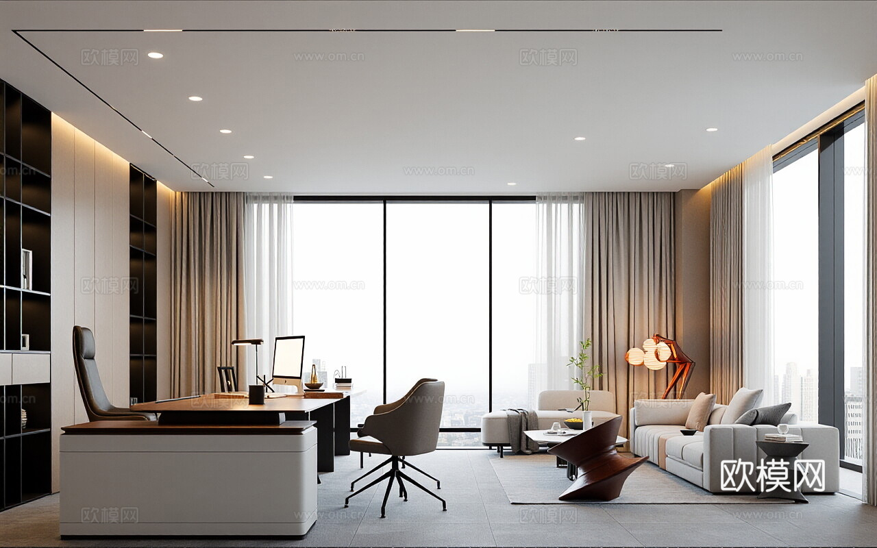 现代意式经理办公室 意式办公桌椅 老板椅 办公椅 意式书柜3d模型下载