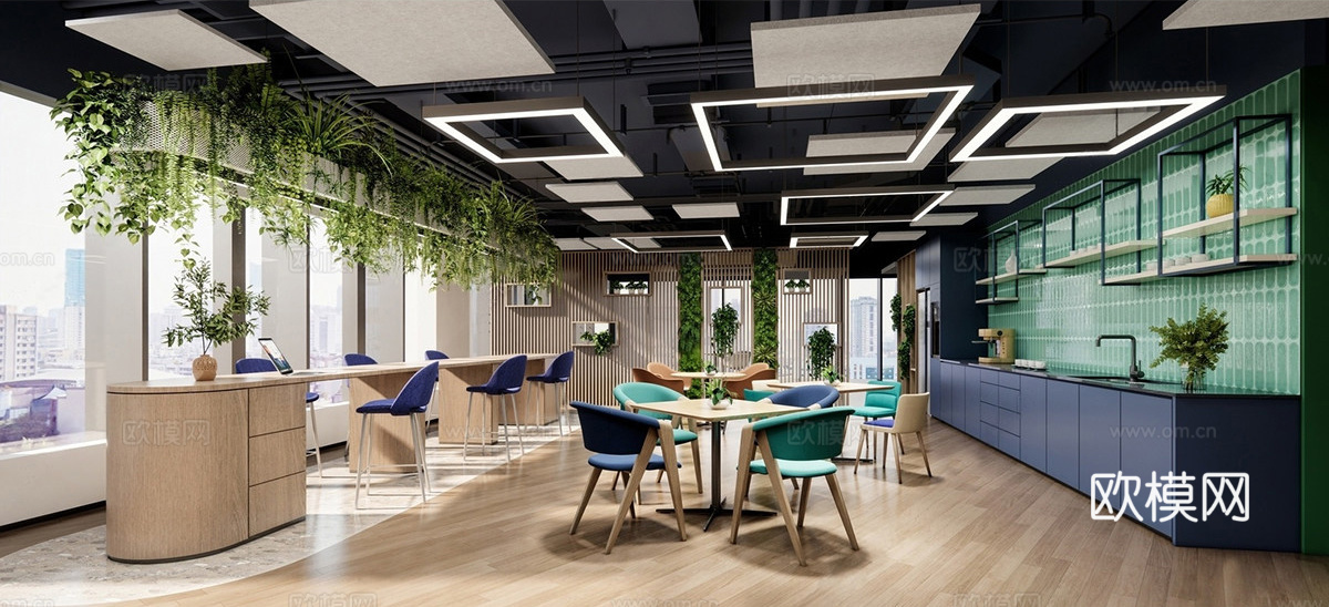 现代茶水间 茶水休闲区 茶水间 植物吧台su模型下载（渲染图1）