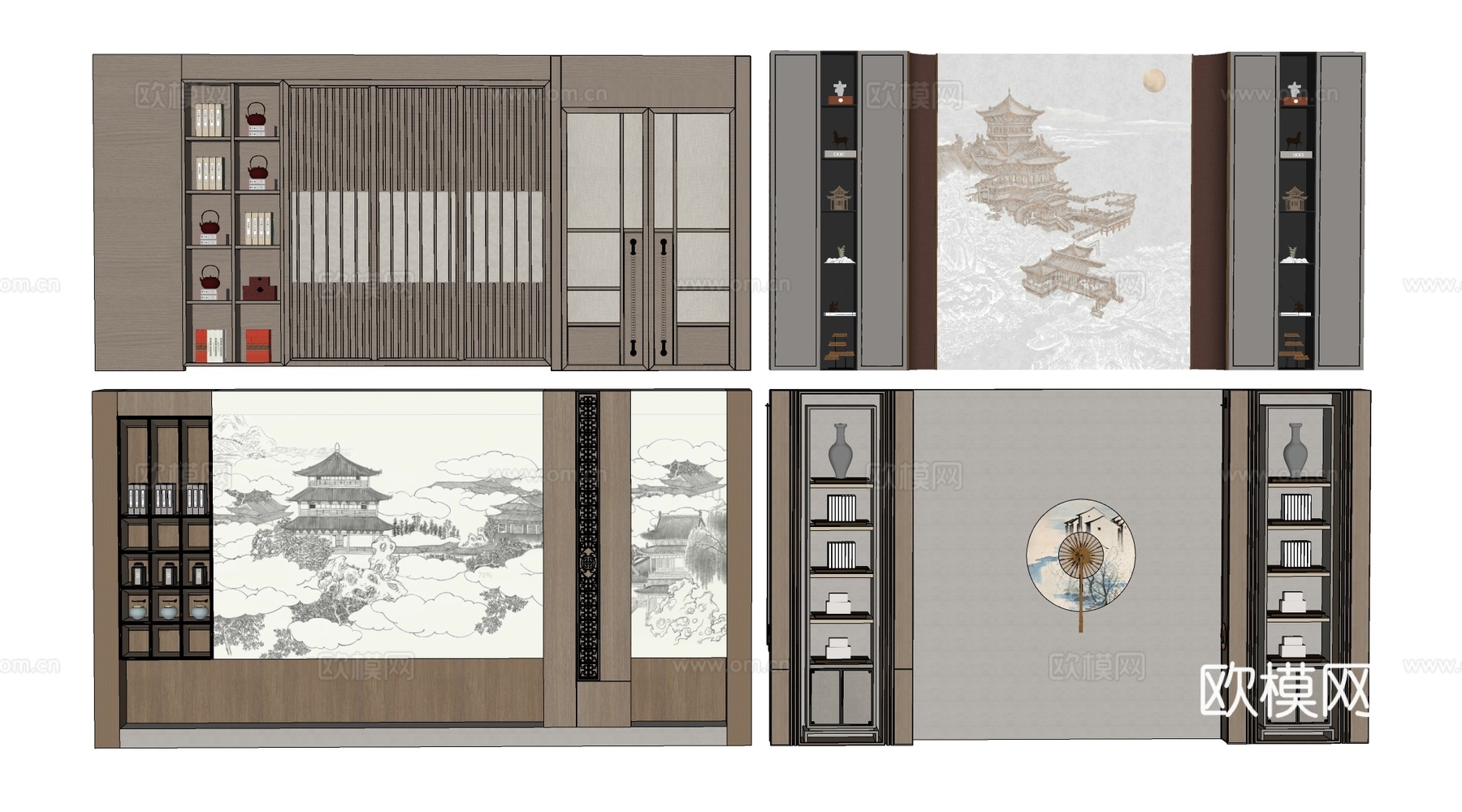 新中式餐厅背景墙 包厢背景墙 客厅背景墙su模型