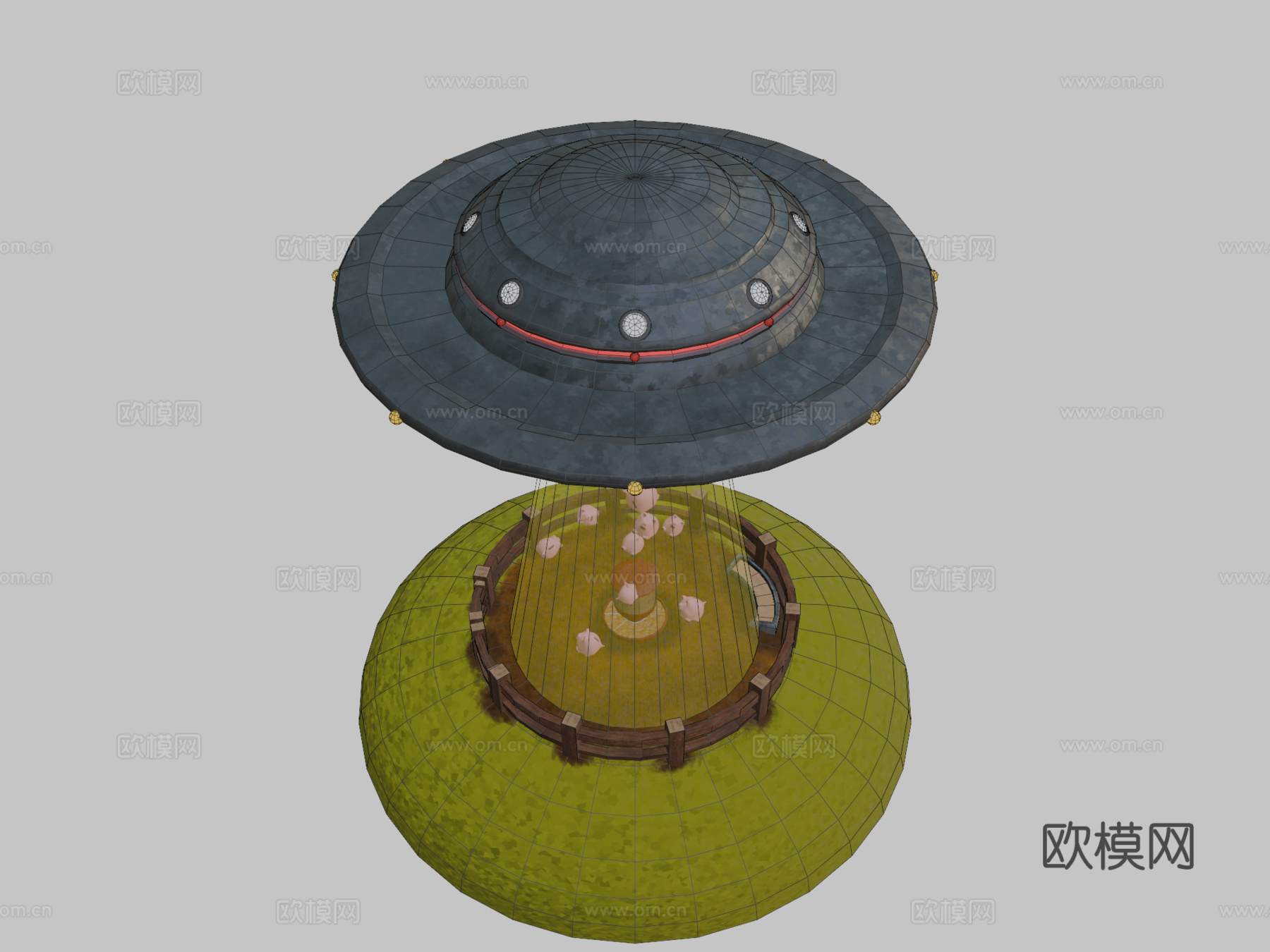 UFO绑架猪群su模型下载（渲染图2）