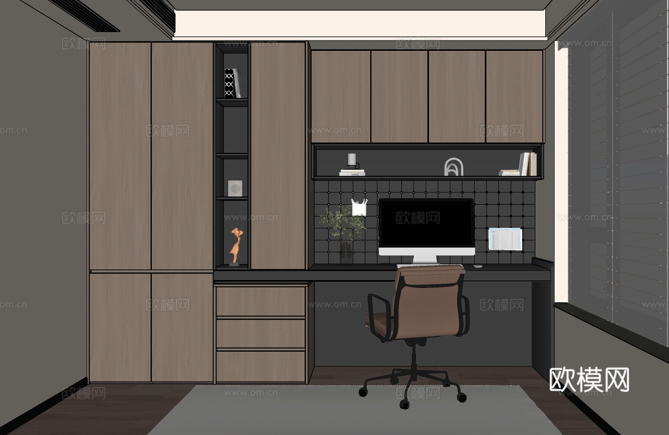 现代意式书房  书房书柜书桌 电脑桌 书柜电脑桌一体 书柜su模型下载（渲染图2）