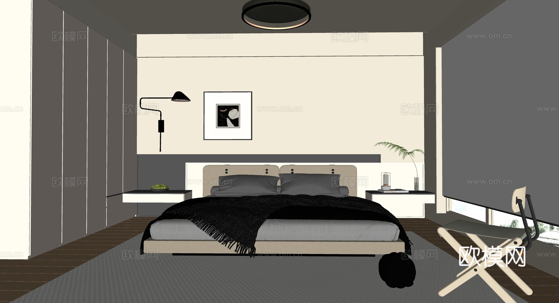 现代意式卧室su模型下载（渲染图2）