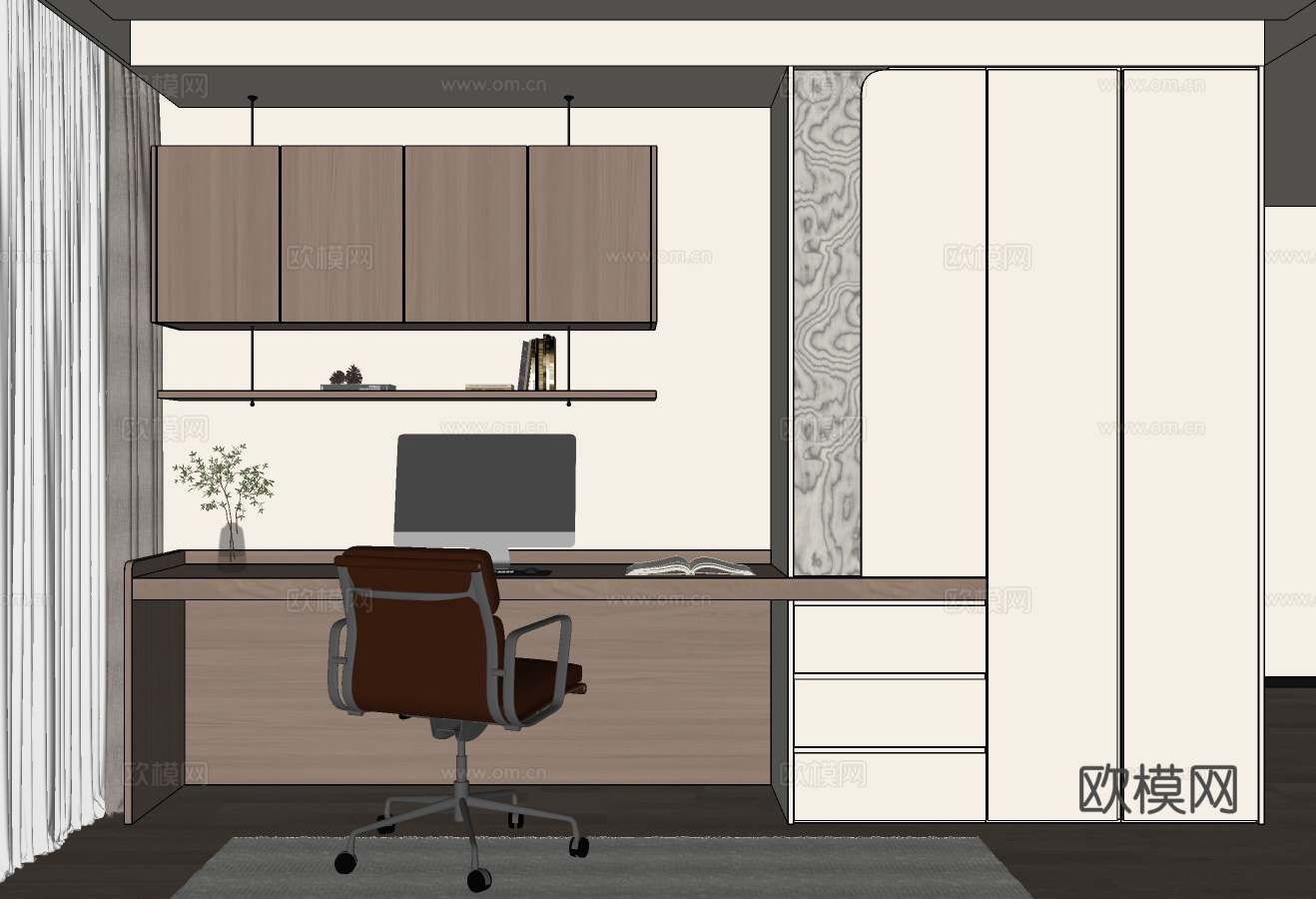 现代书房 书房书桌书柜 客厅书桌书柜 书桌书柜一体su模型下载（渲染图2）