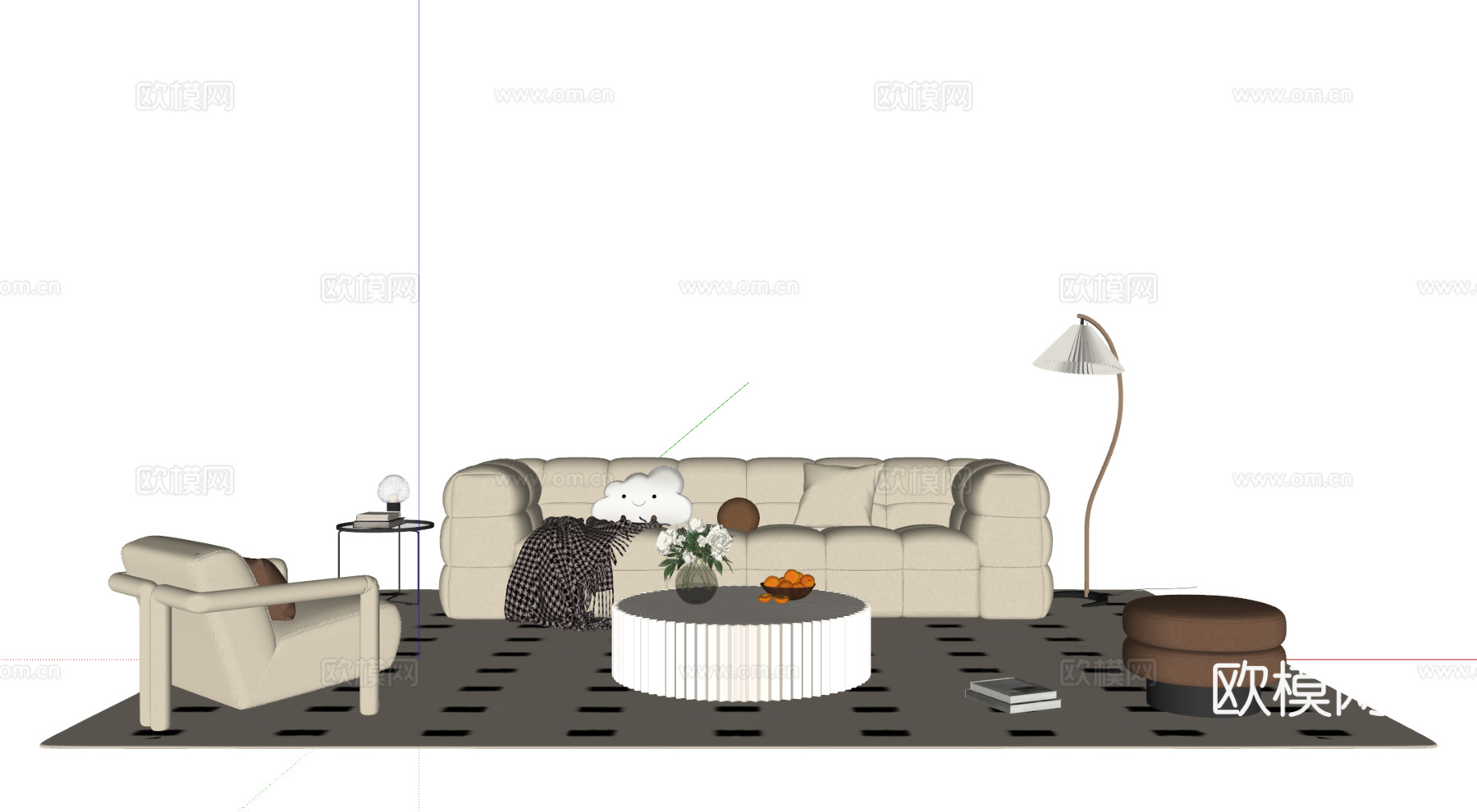 奶油风沙发茶几组合 多人沙发 布艺沙发 休闲椅 地毯su模型