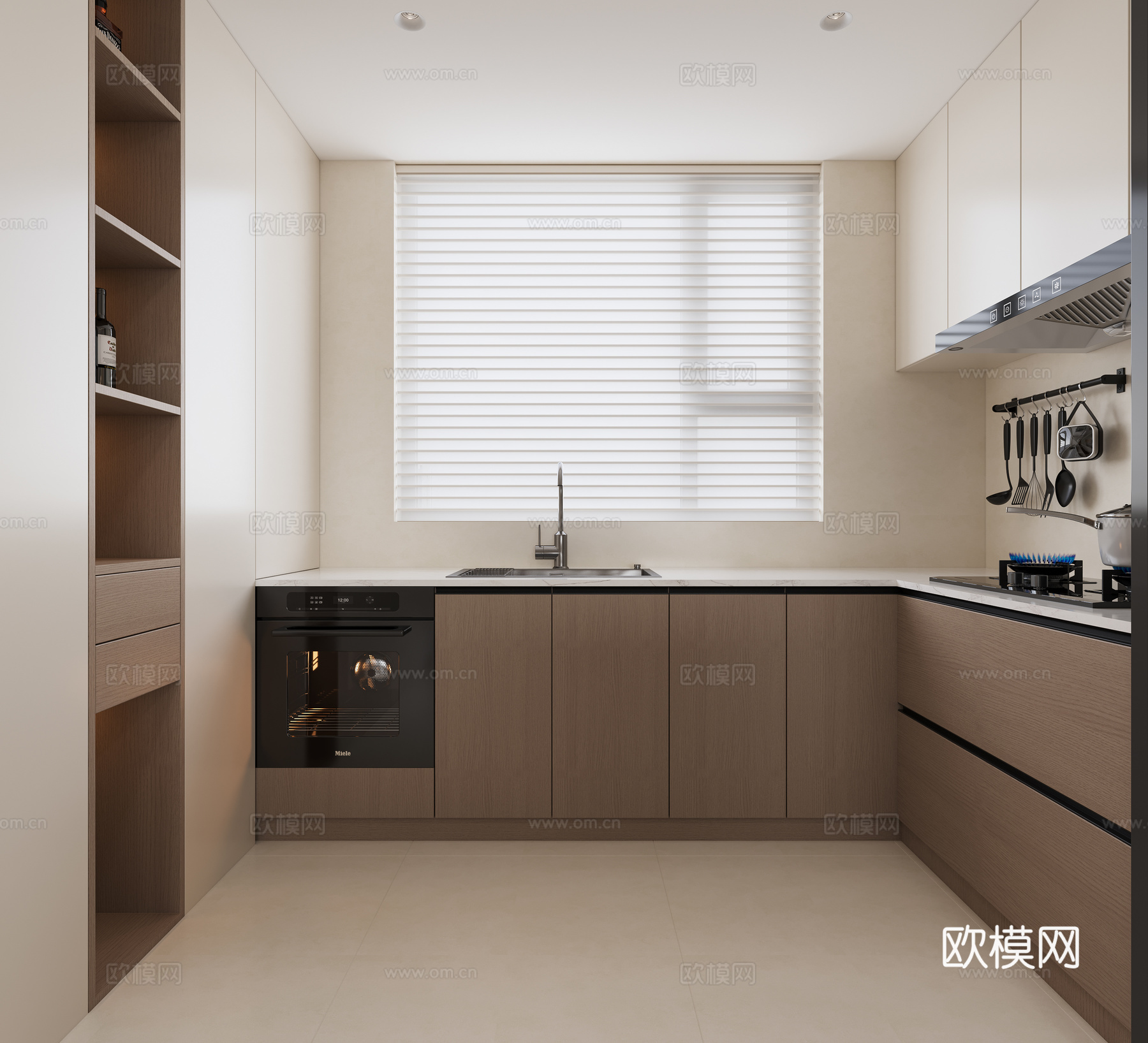 奶油风原木开放式厨房3d模型下载