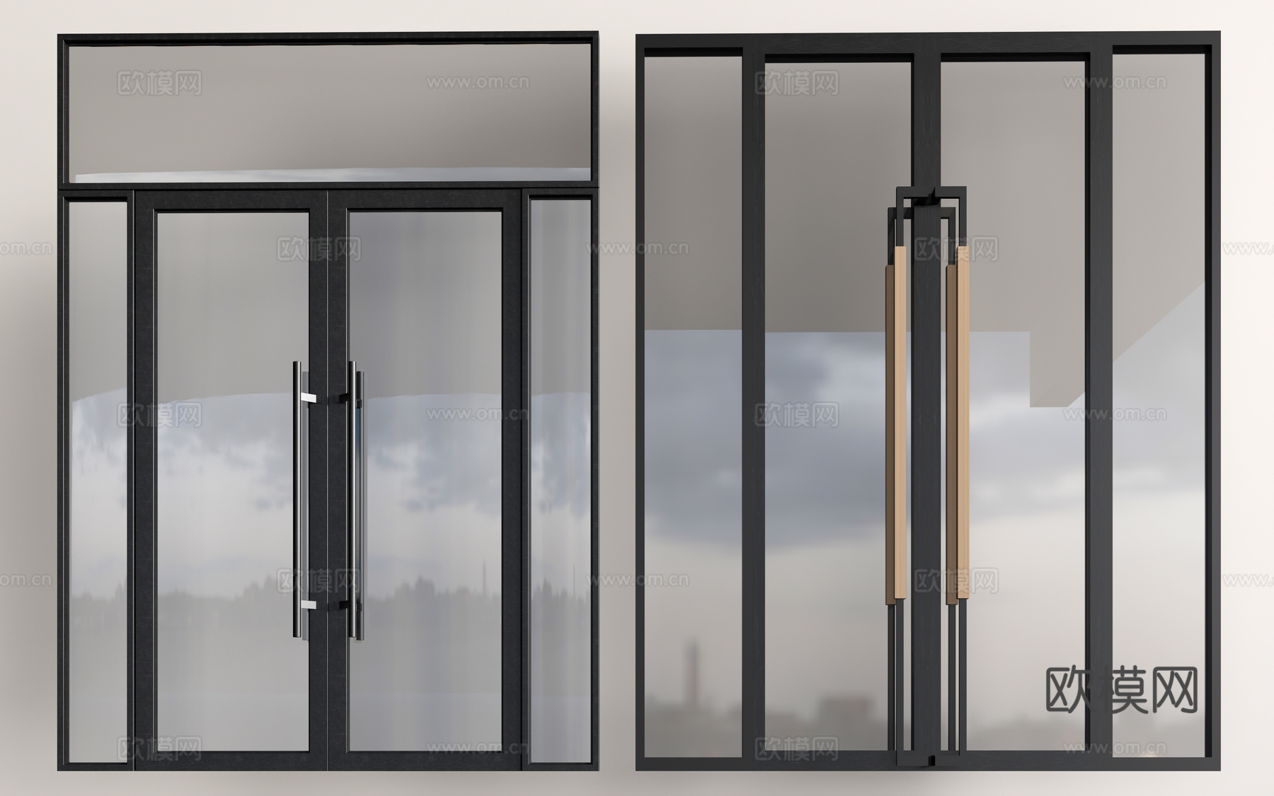现代玻璃门 玻璃双开门 店铺玻璃门su模型下载（渲染图1）