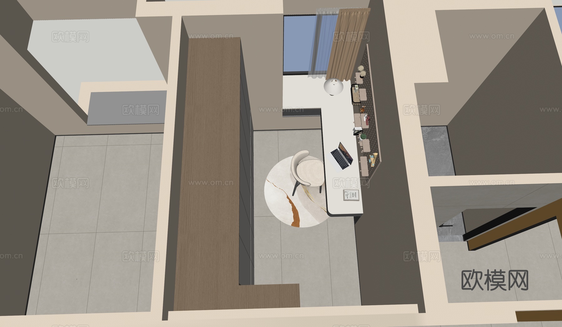 现代作室  多功能房间  书房su模型下载（渲染图2）