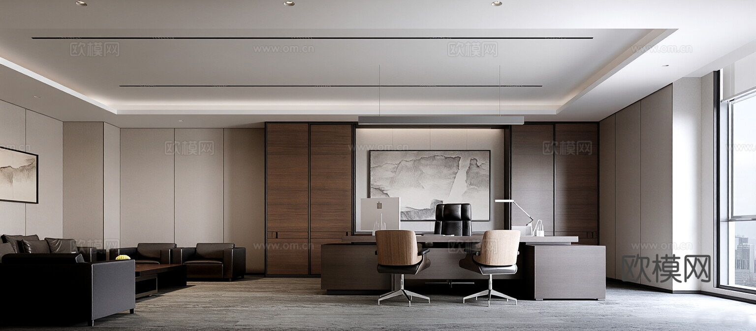 现代意式经理办公室 意式办公桌椅 老板椅 办公椅 意式书柜3d模型下载