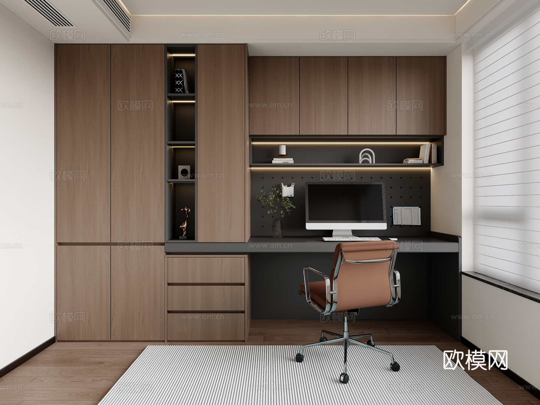 现代意式书房  书房书柜书桌 电脑桌 书柜电脑桌一体 书柜su模型下载（渲染图1）