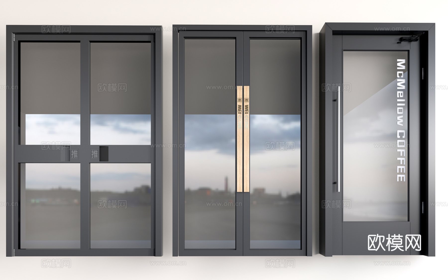 现代商铺玻璃门 玻璃双开门 商业街玻璃门 奶茶店玻璃门 咖啡su模型下载（渲染图1）