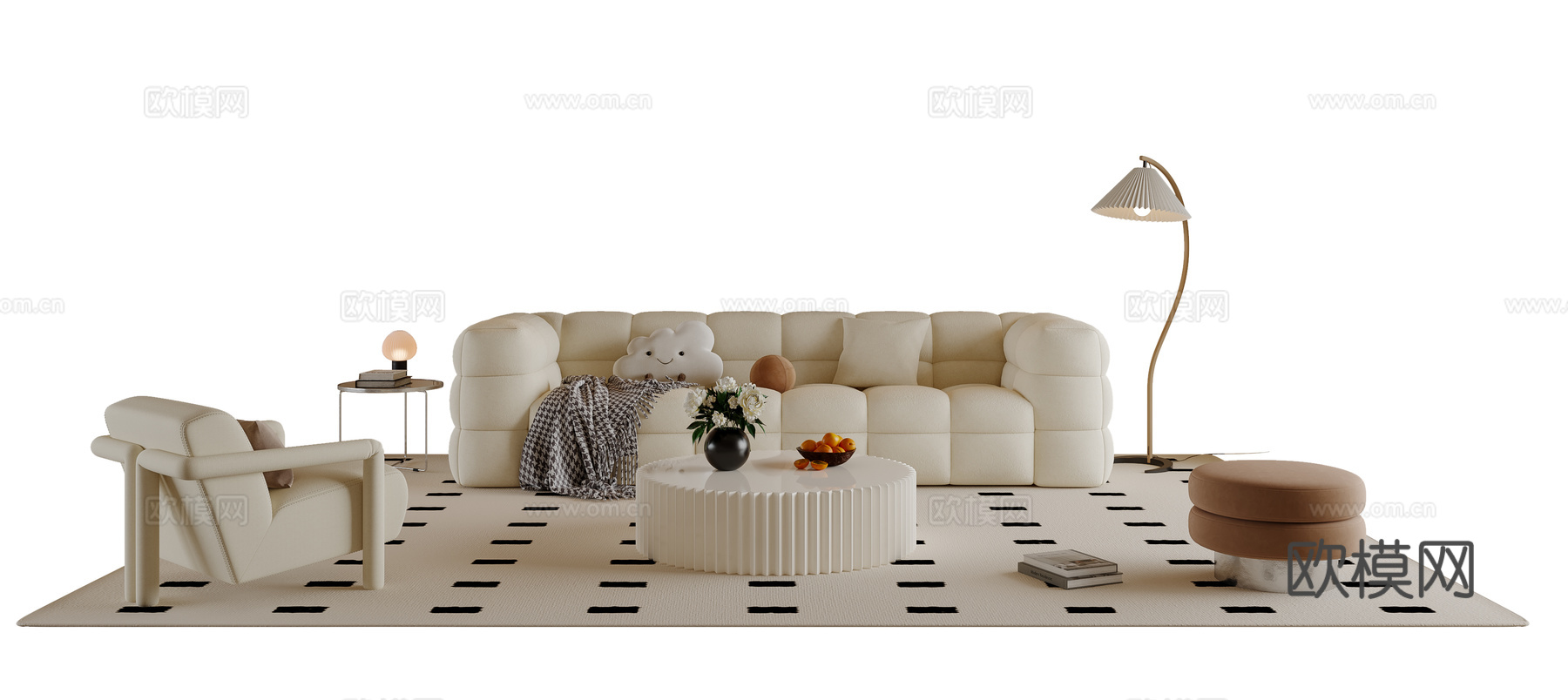 奶油风沙发茶几组合 多人沙发 布艺沙发 休闲椅 地毯su模型