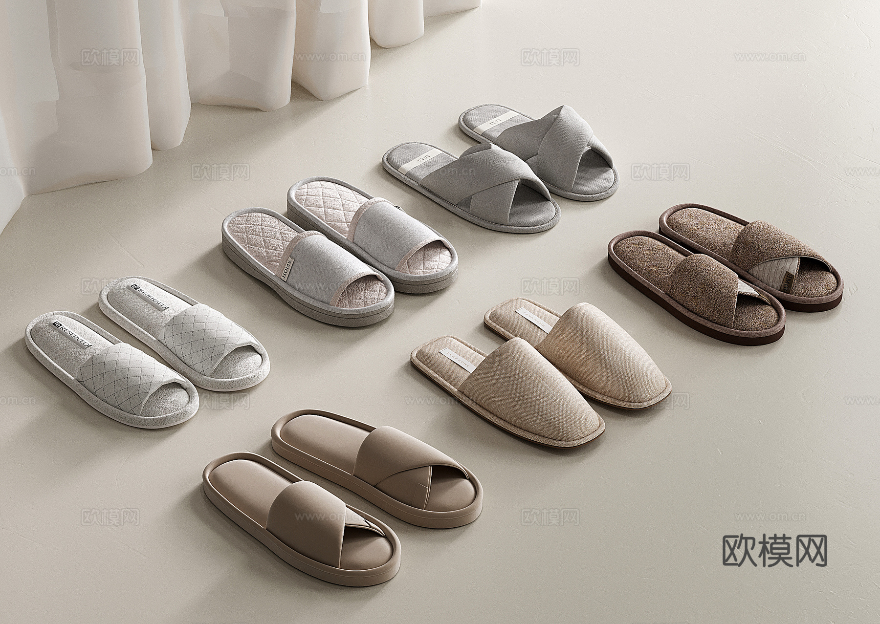 现代鞋子组合 拖鞋 棉麻拖鞋 布艺拖鞋 宾馆拖鞋su模型su模型下载（渲染图1）