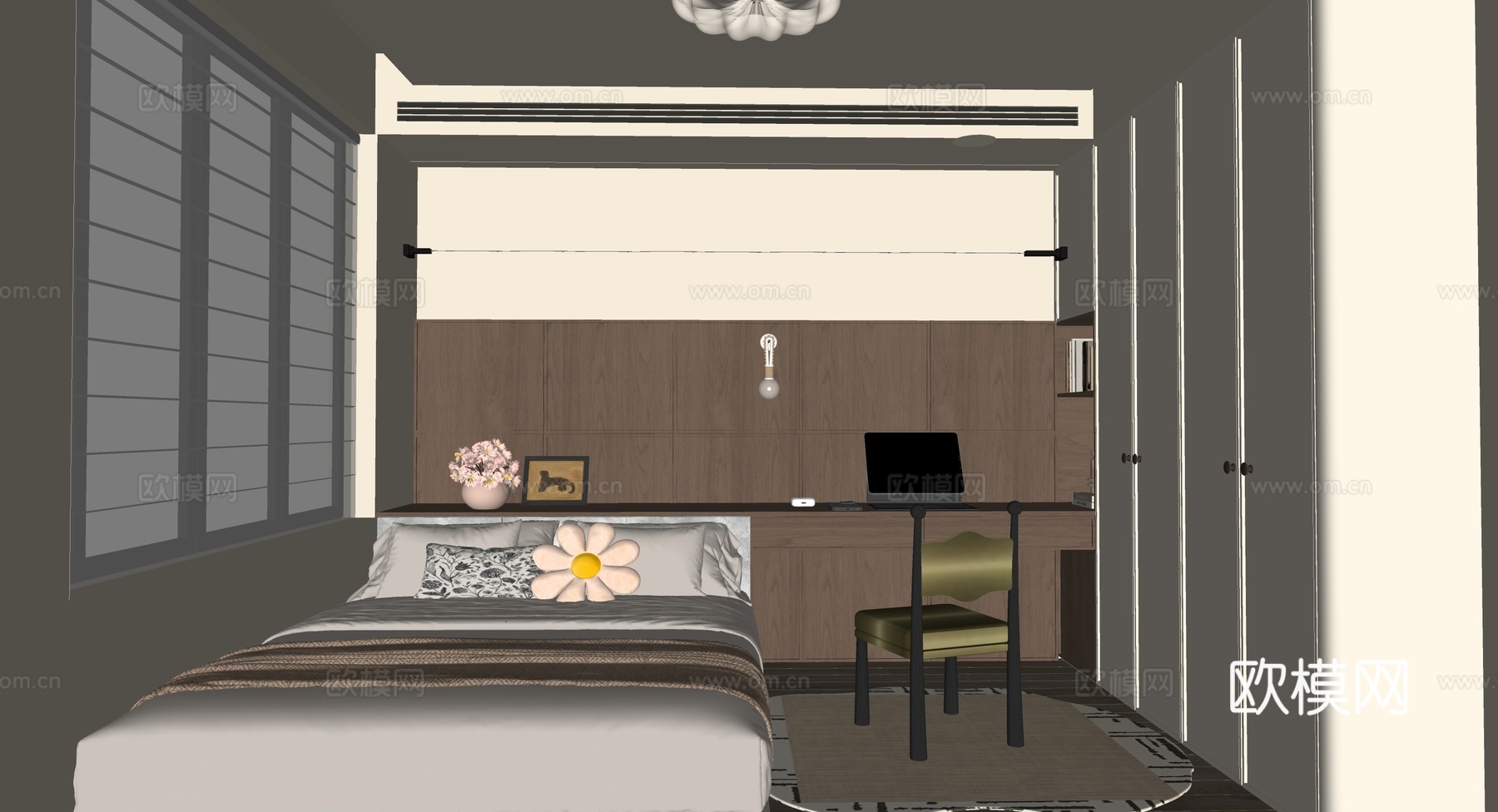 中古风榻榻米卧室su模型下载（渲染图2）