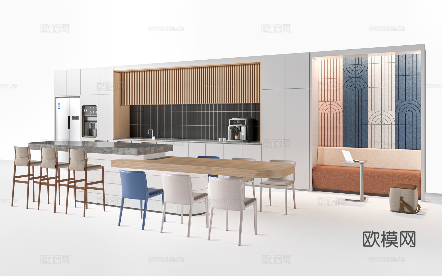 现代茶水间吧台 茶水间桌椅 水吧台su模型下载（渲染图1）