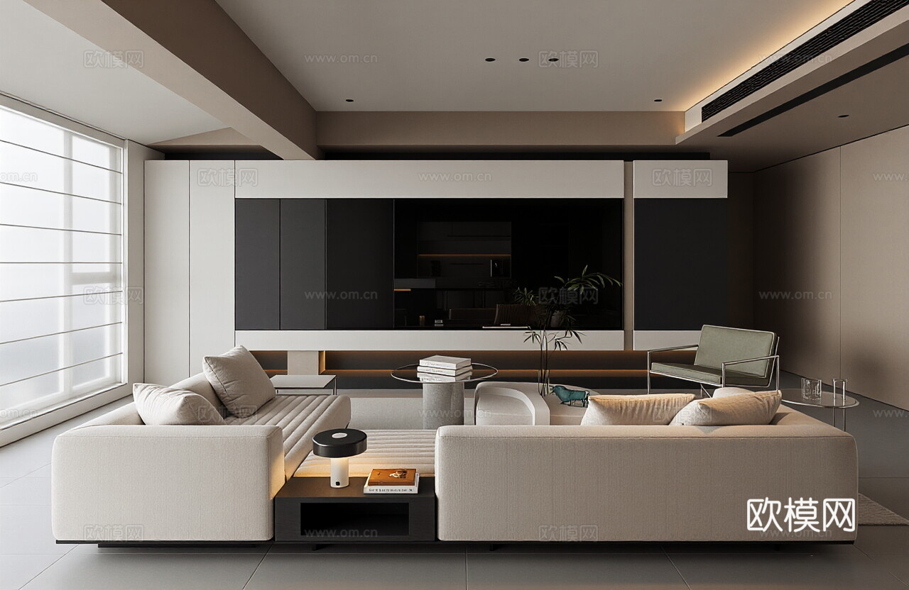 现代意式家居客厅 沙发组合 单人椅 休闲椅 花瓶 摆件3d模型下载