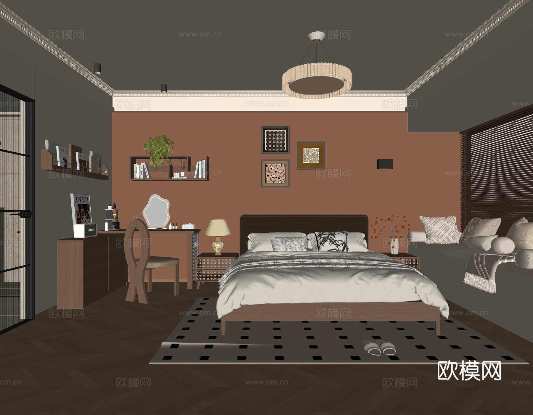 中古风卧室 主卧室 实木双人床 床头柜 实木梳妆台 斗柜 边su模型下载（渲染图2）