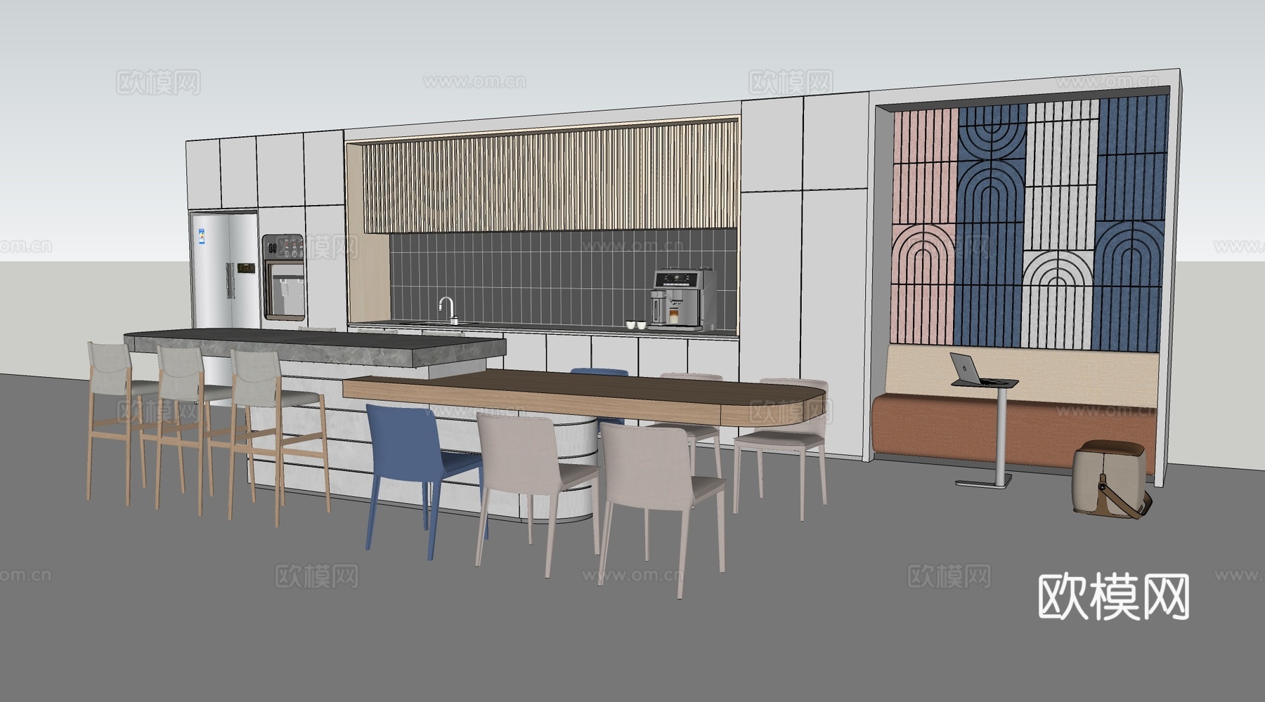 现代茶水间吧台 茶水间桌椅 水吧台su模型下载（渲染图2）