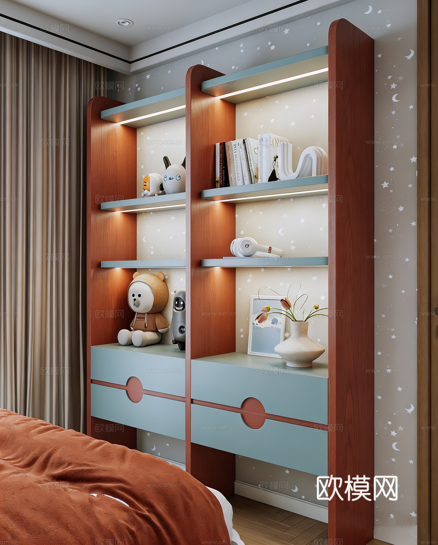 现代创意色彩儿童房 特色衣柜 置物架洞洞板 玻璃视窗儿童衣柜3d模型