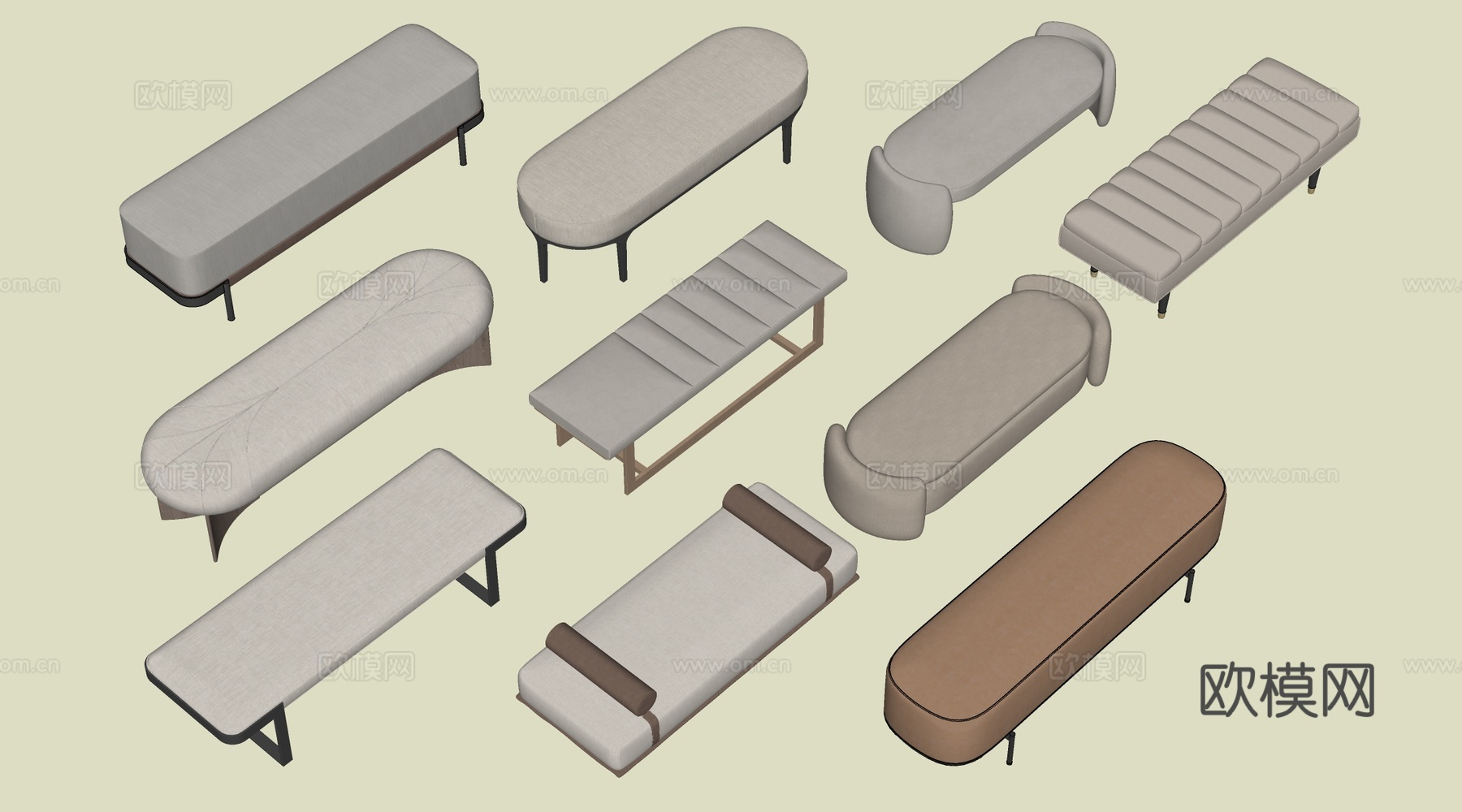 现代床尾凳 沙发凳su模型下载（渲染图2）