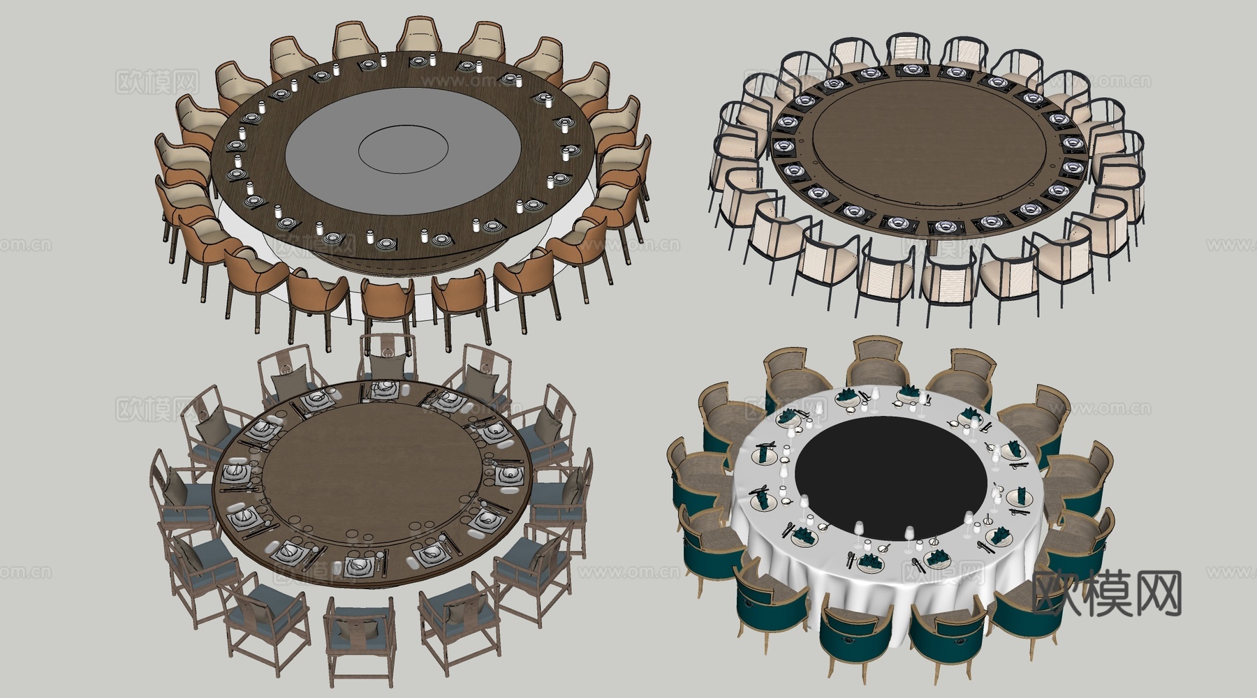 现代圆形餐桌椅 包厢桌椅 包间餐桌su模型下载（渲染图2）