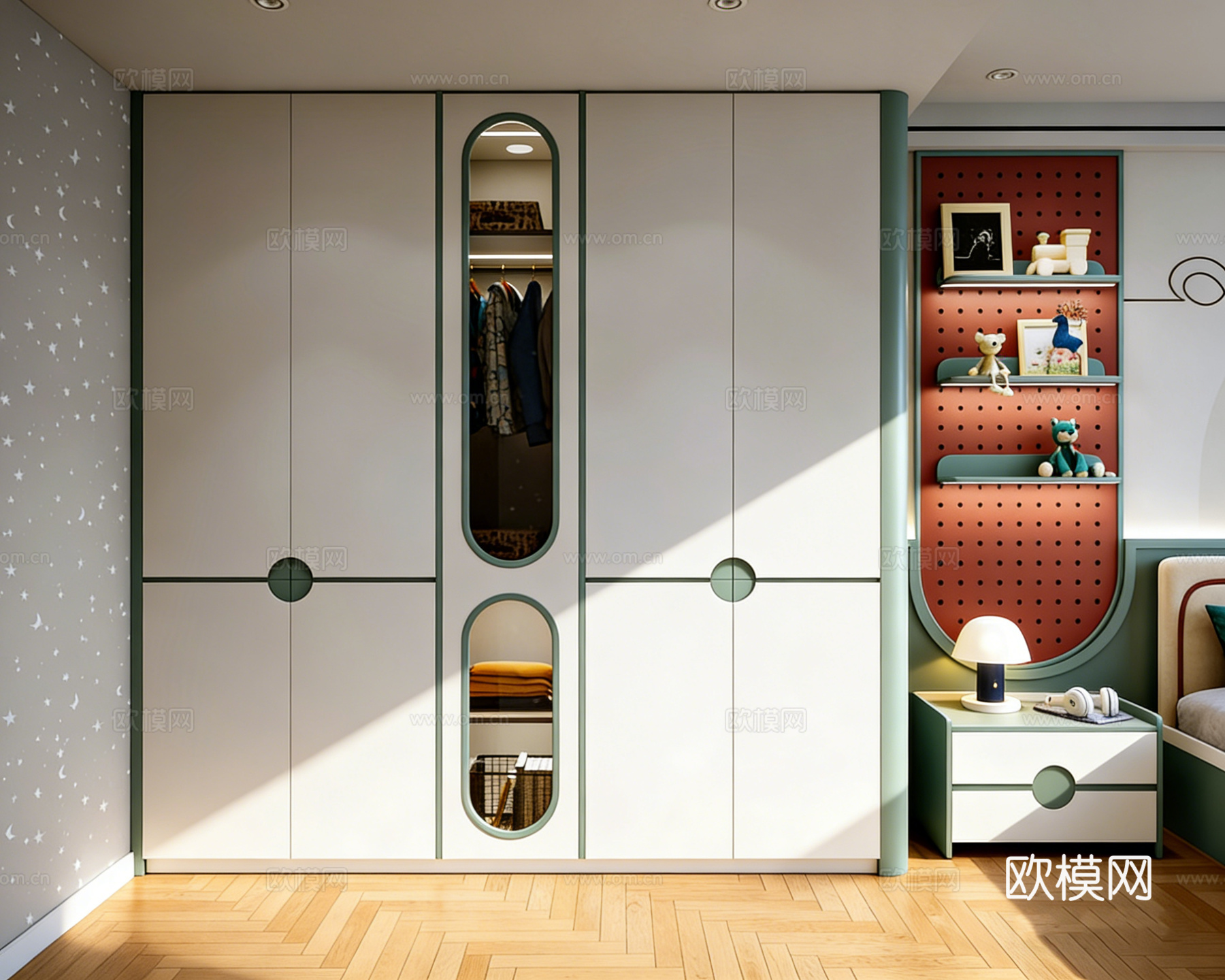 现代创意色彩儿童房 特色衣柜 置物架洞洞板 玻璃视窗儿童衣柜3d模型