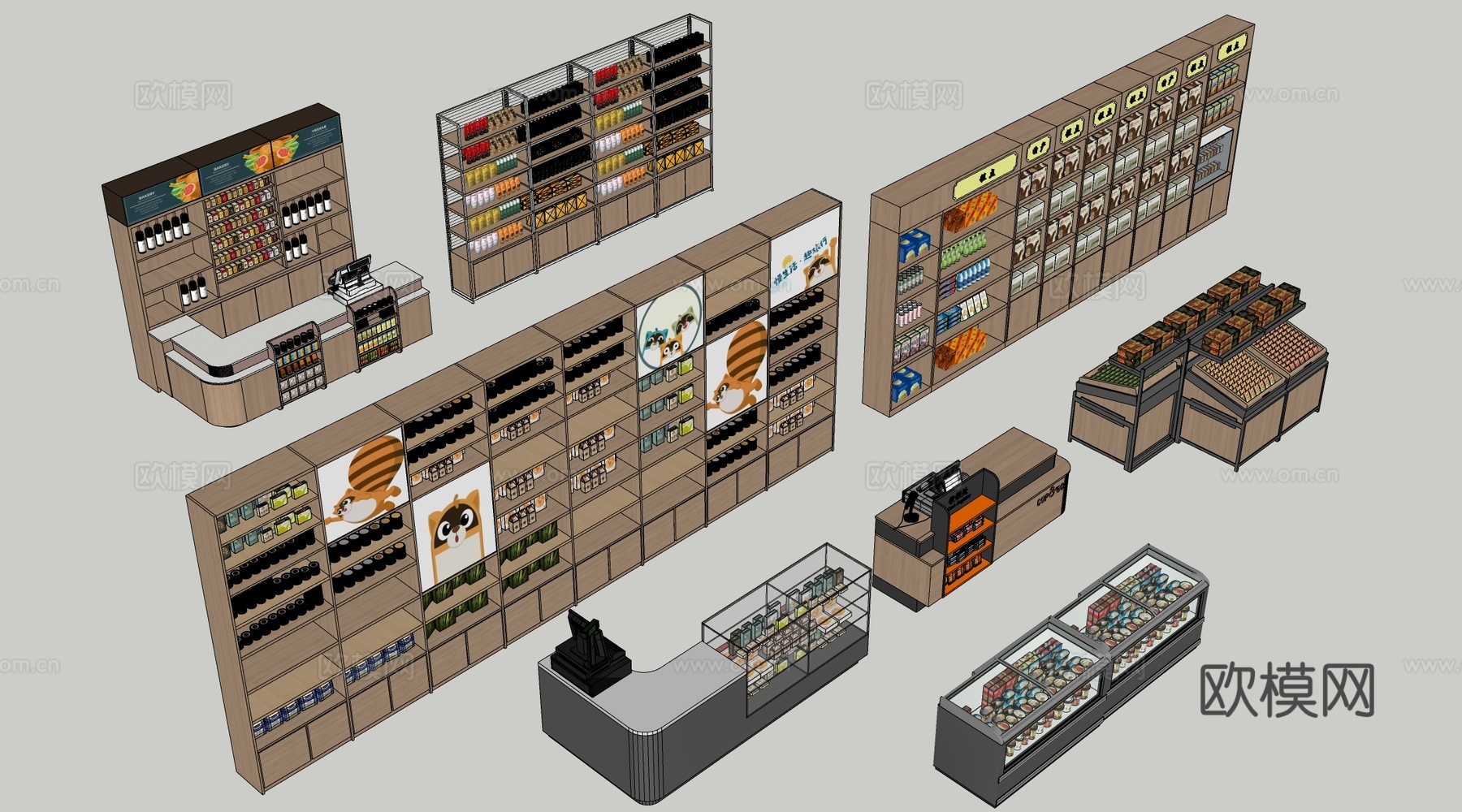 现代超市货架 零食店货架 置物架 文创展架su模型下载（渲染图2）