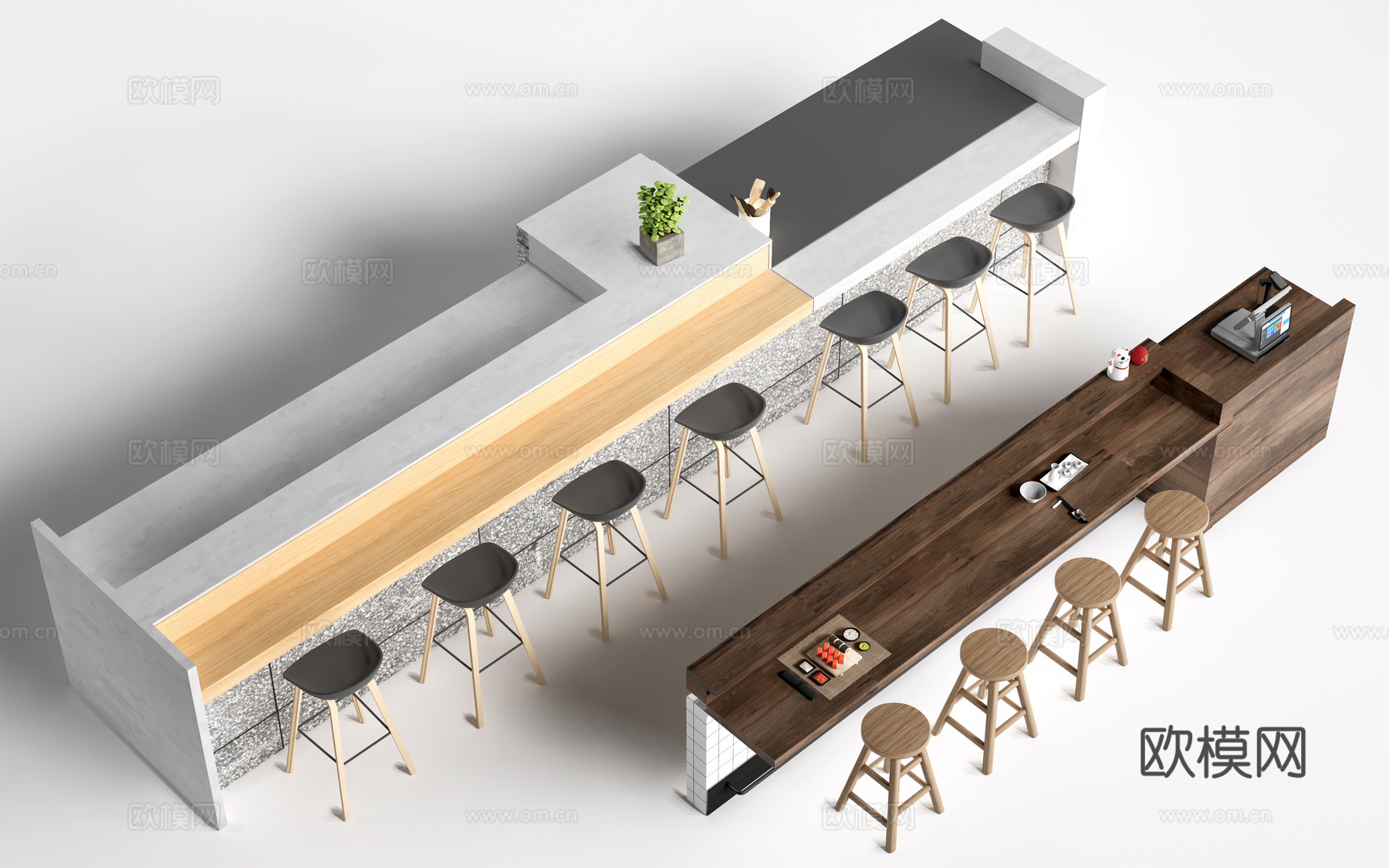 现代咖啡吧台 收银台 奶茶店收银台 奶茶店桌椅su模型