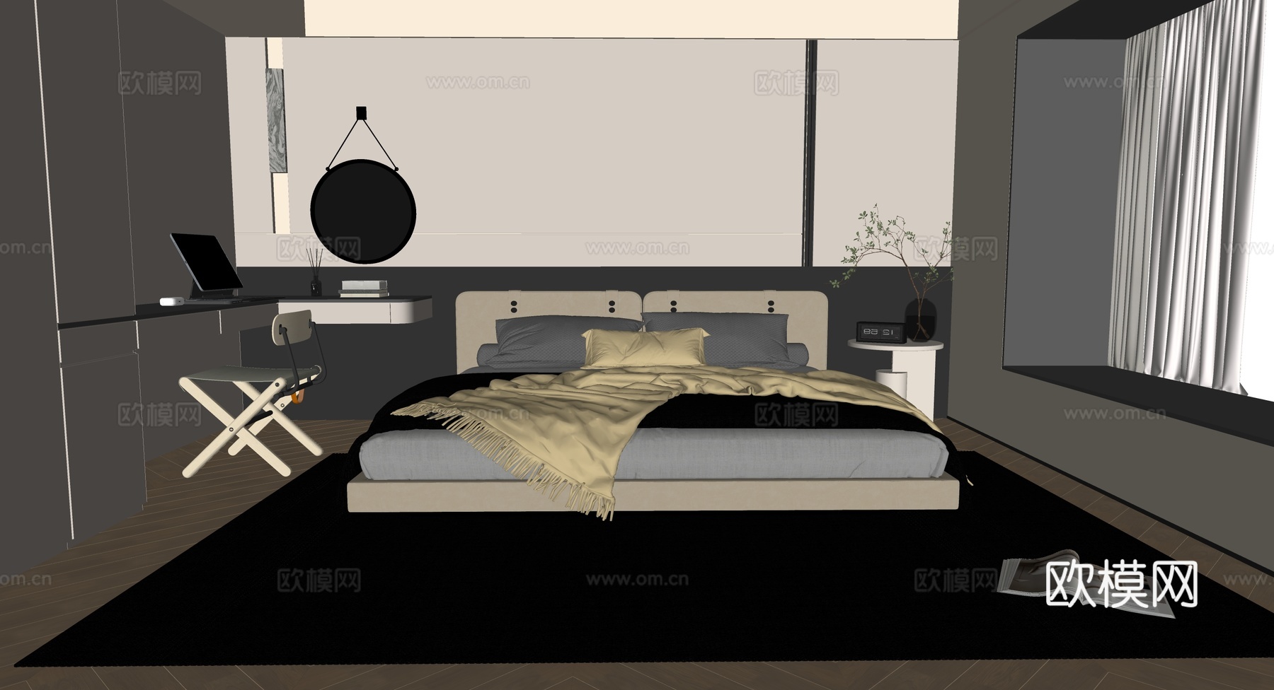 现代意式卧室su模型下载（渲染图2）
