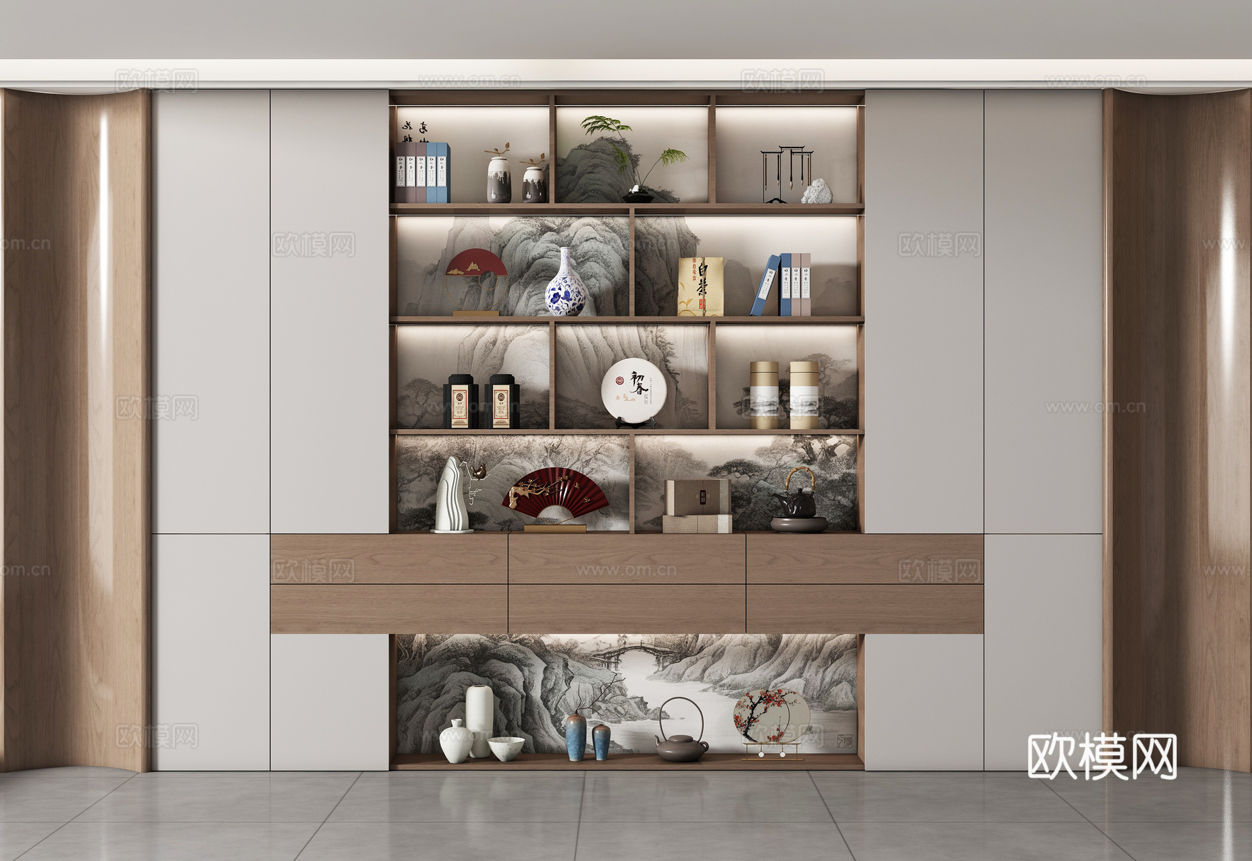 新中式茶馆 储物柜书柜 背景柜 书籍摆件组合 装饰柜su模型