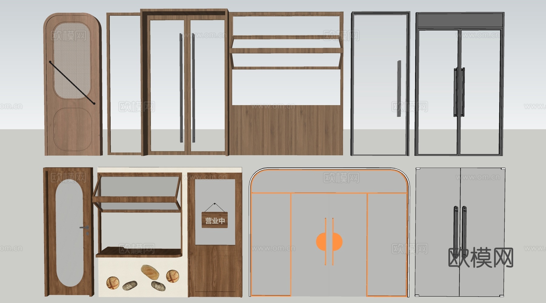 现代店铺玻璃门 咖啡厅门 奶茶店玻璃门 玻璃双开门su模型下载（渲染图2）