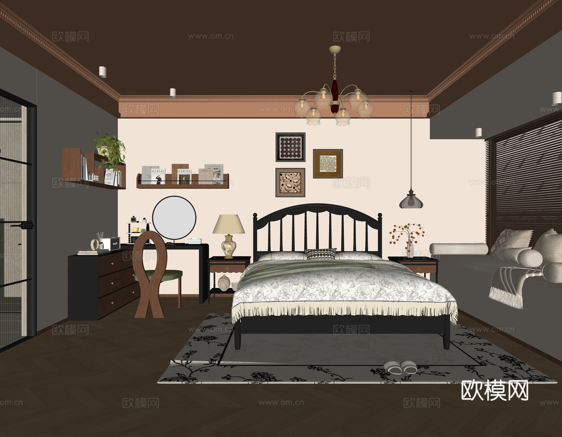 中古风卧室 主灯卧室 主卧室 实木双人床 床头柜 实木梳妆台su模型下载（渲染图2）