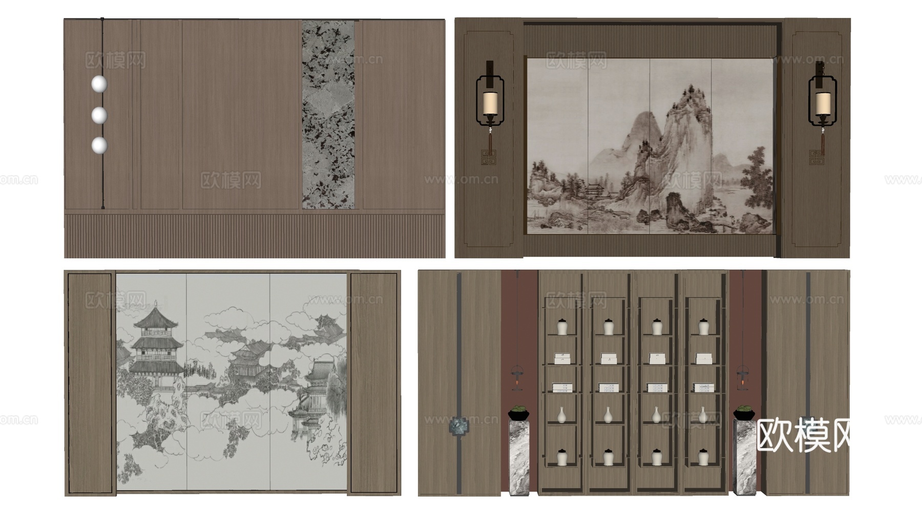 新中式餐厅背景墙 包厢背景墙 客厅背景墙su模型下载（渲染图2）