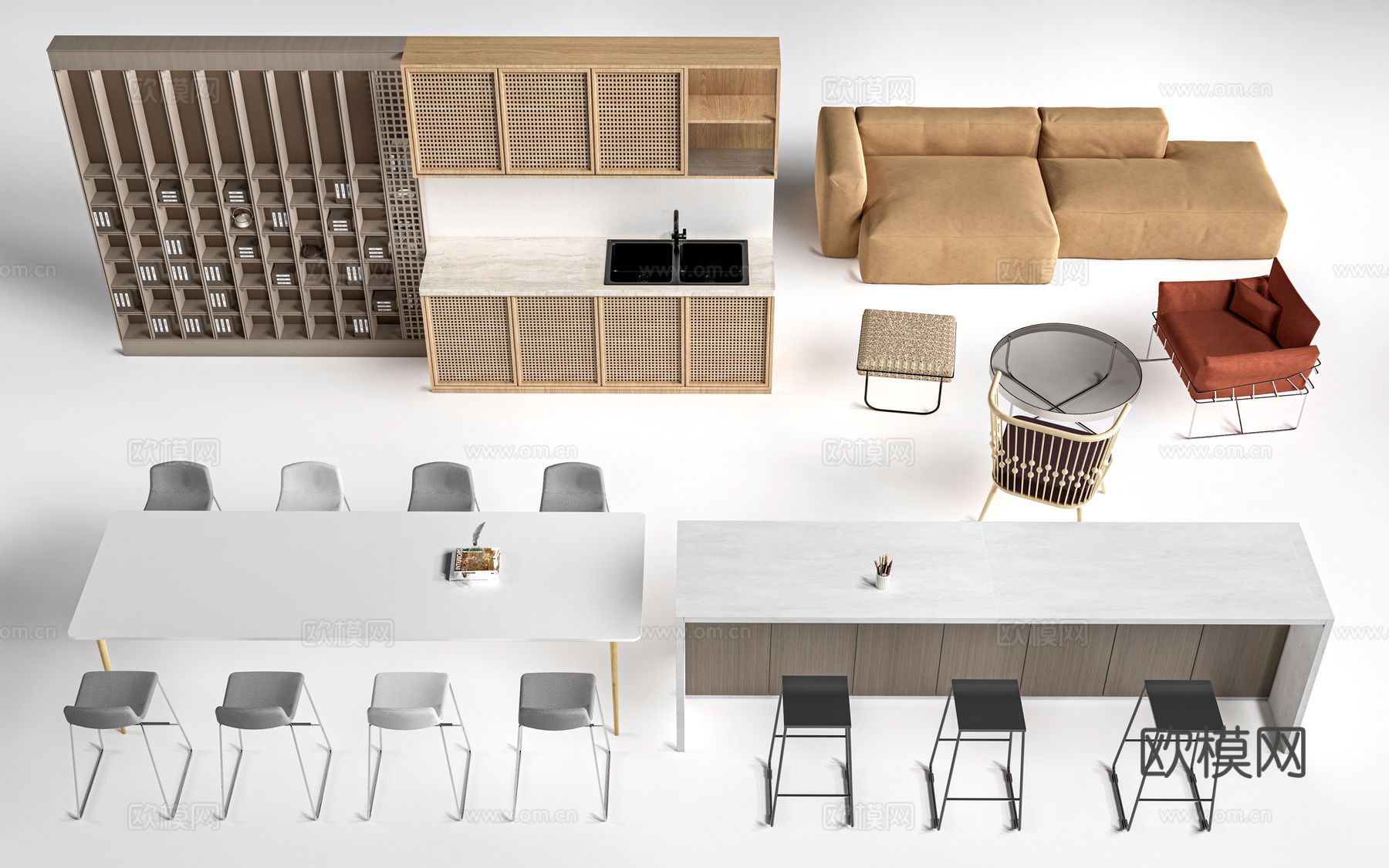 现代茶水间桌椅 公司休息区桌椅 吧台桌椅 休闲桌椅su模型下载（渲染图1）