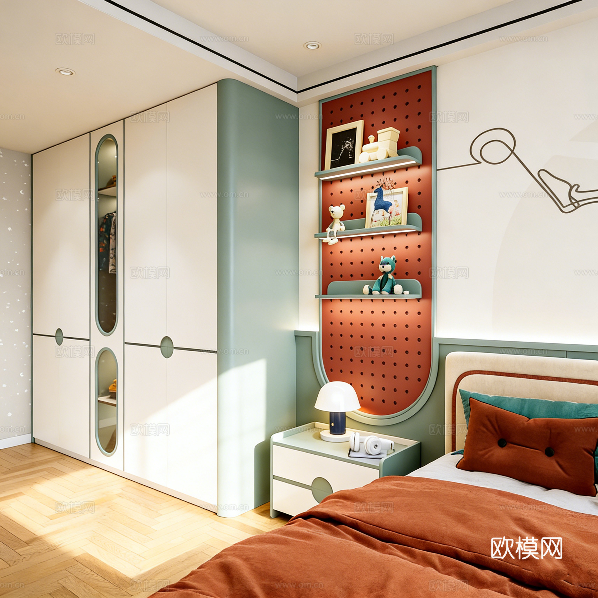 现代创意色彩儿童房 特色衣柜 置物架洞洞板 玻璃视窗儿童衣柜3d模型