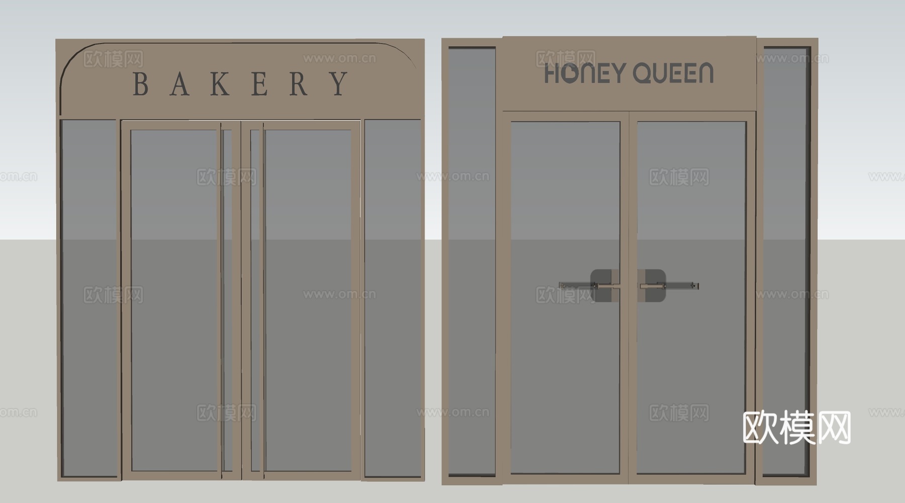 现代店铺玻璃门 咖啡厅门 奶茶店玻璃门 玻璃双开门su模型下载（渲染图2）