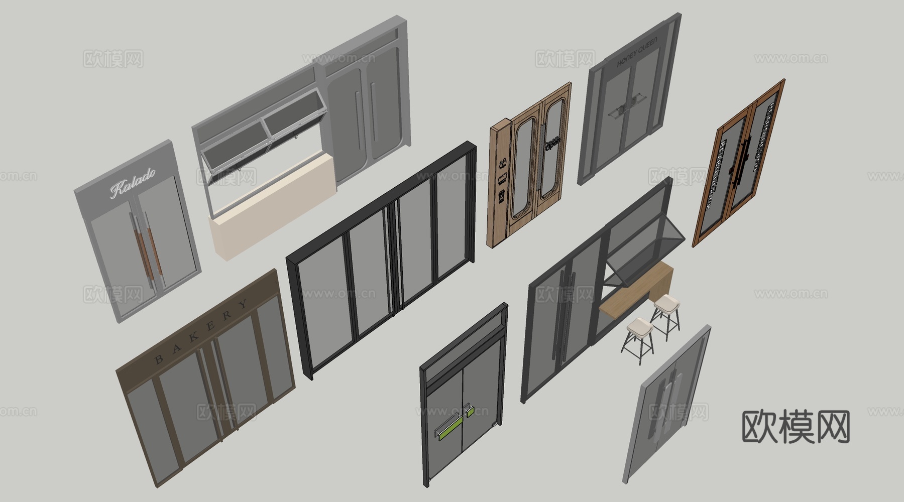 现代店铺玻璃门 咖啡厅门 奶茶店玻璃门 玻璃双开门su模型下载（渲染图2）